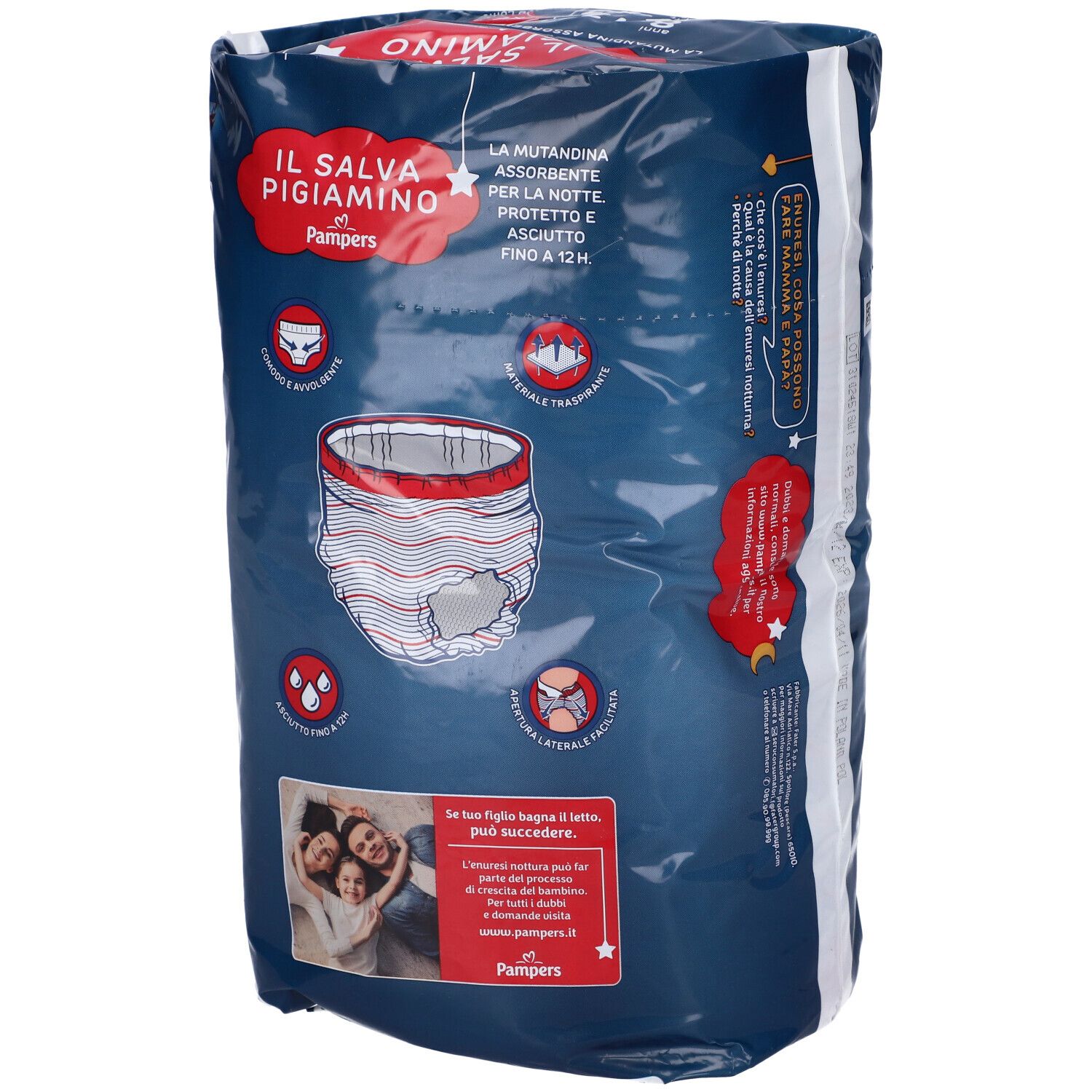 Retro confezione Pampers Il Salva Pigiamino. Immagine prodotto, nome, taglie, unisex, 9 pezzi.