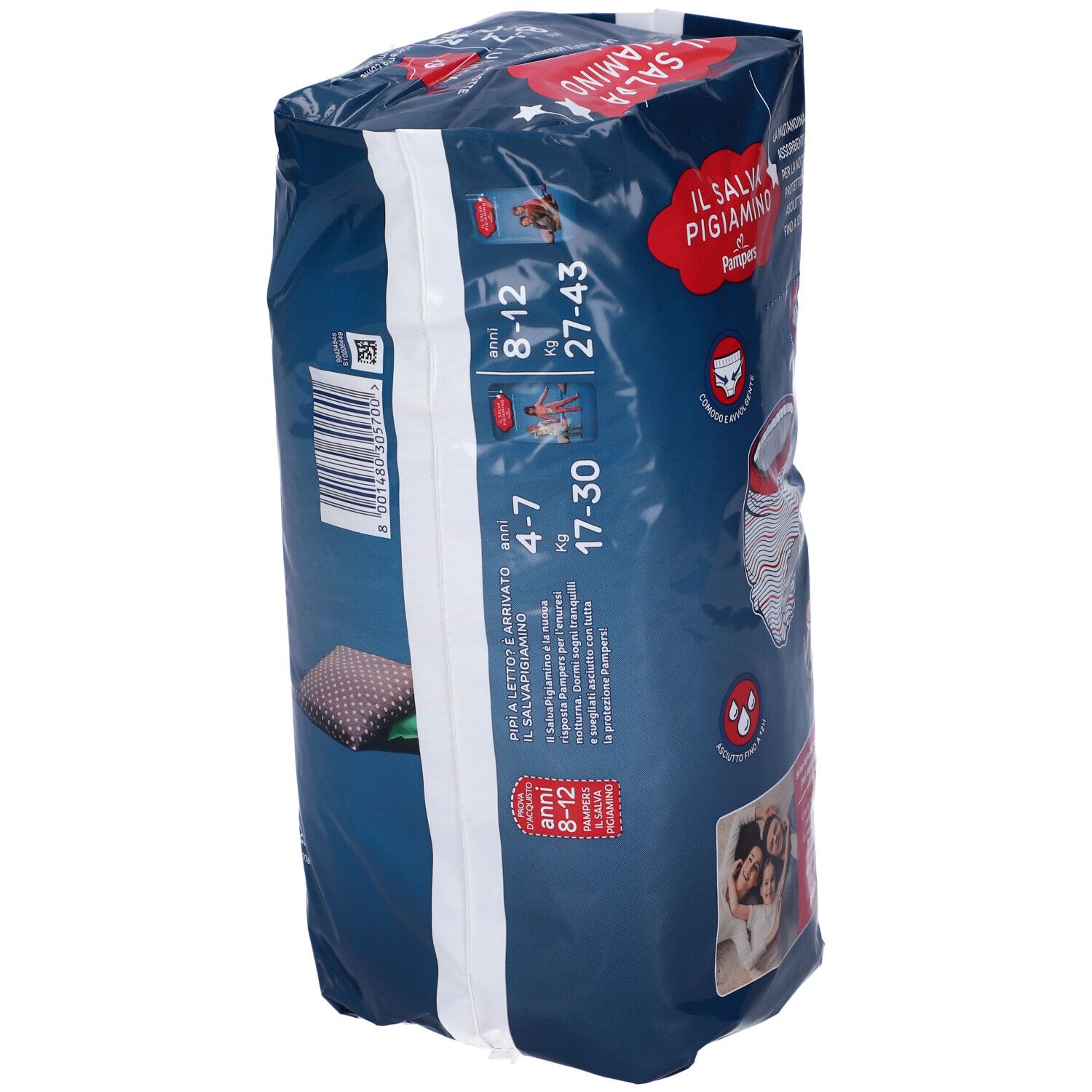 Confezione Pampers Il Salva Pigiamino, vista laterale. Nome prodotto, taglie, unisex, 9 pezzi, protezione 12h.