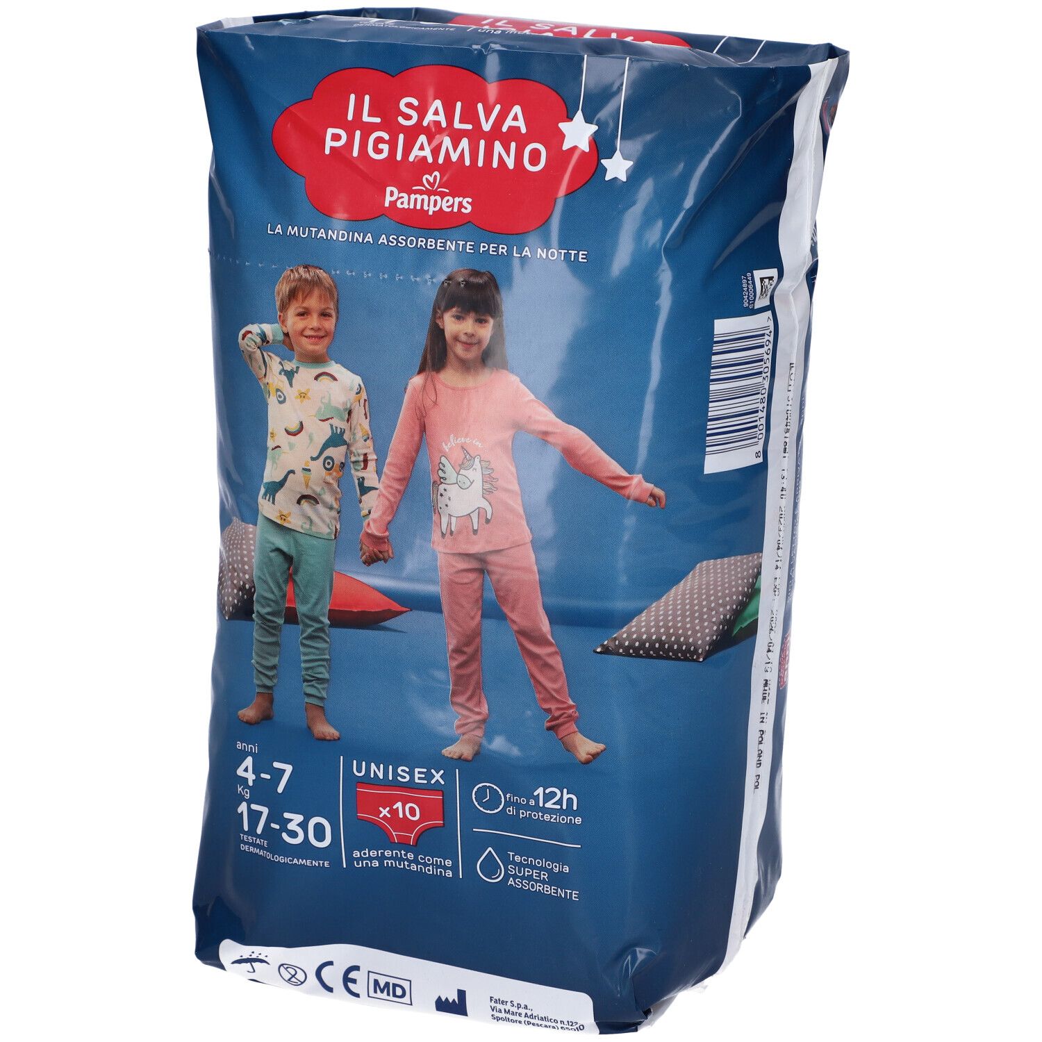 Confezione di Pampers Il Salva Pigiamino. Stampa con bambini, nome del prodotto e informazioni su taglia e durata della protezione.