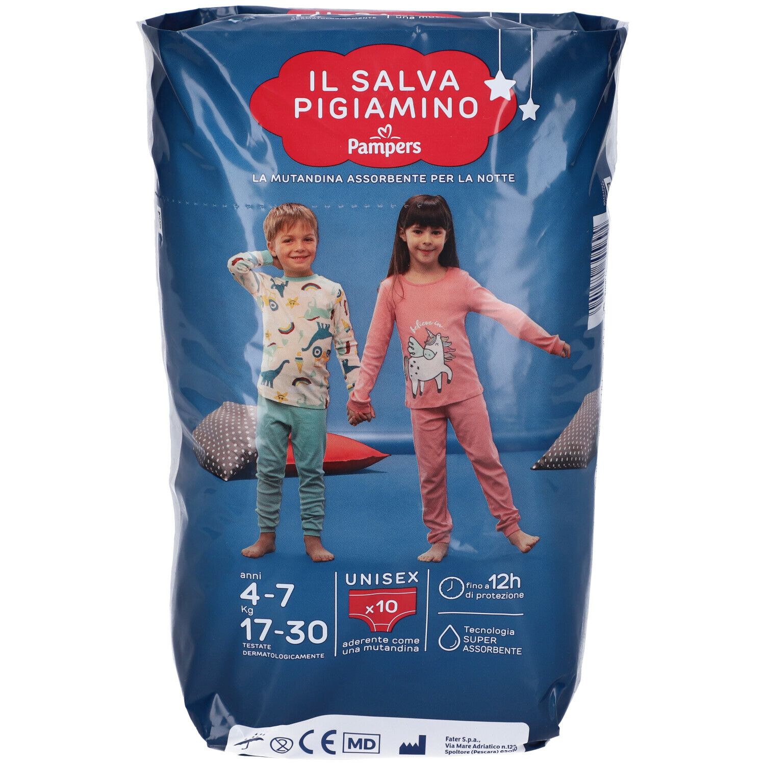 Confezione di Pampers Il Salva Pigiamino. Stampa con bambini, nome del prodotto e informazioni su taglia e durata della protezione.