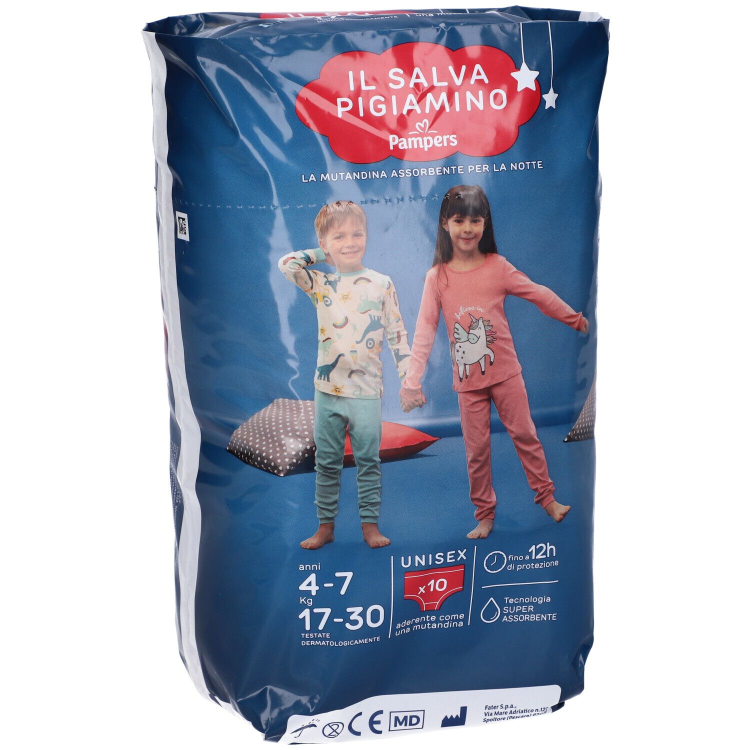 Confezione di Pampers Il Salva Pigiamino. Stampa con bambini, nome del prodotto e informazioni su taglia e durata della protezione.