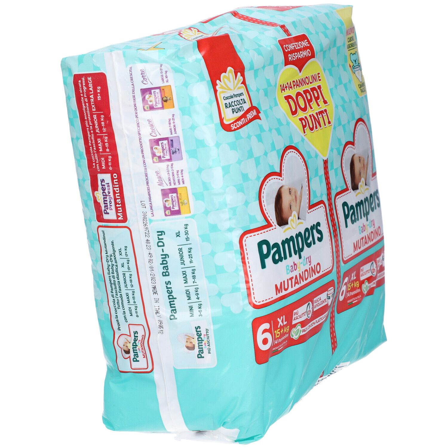 Confezione Pampers Baby-dry Mutandino XL, 6 pezzi. Confezione con informazioni prodotto e immagine bambino.