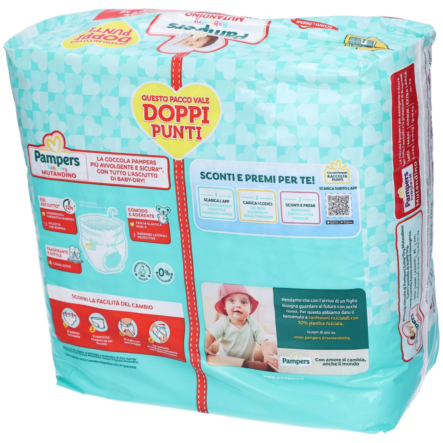 Confezione Pampers Baby-dry Mutandino XL, 6 pezzi. Retro della confezione con informazioni prodotto e foto bambino.