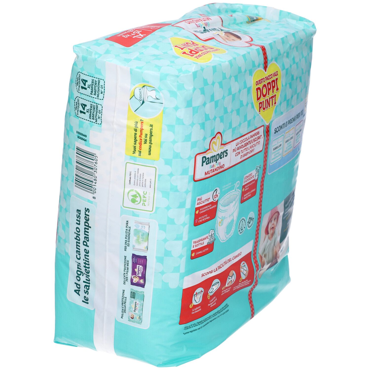 Confezione Pampers Baby-dry Mutandino XL, 6 pezzi. Vista laterale della confezione con informazioni prodotto.