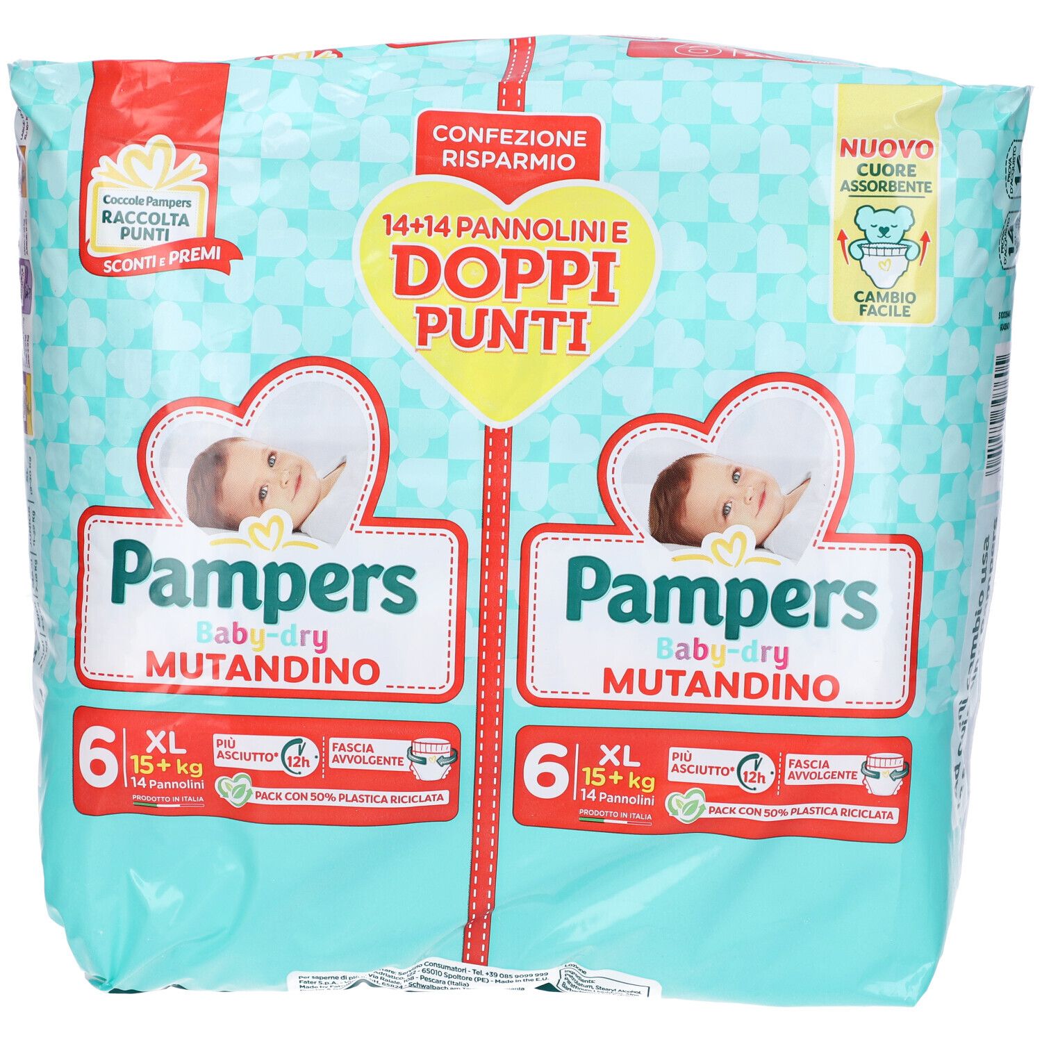 Confezione Pampers Baby-dry Mutandino XL, 6 pezzi. Confezione con immagine bambino e informazioni prodotto.