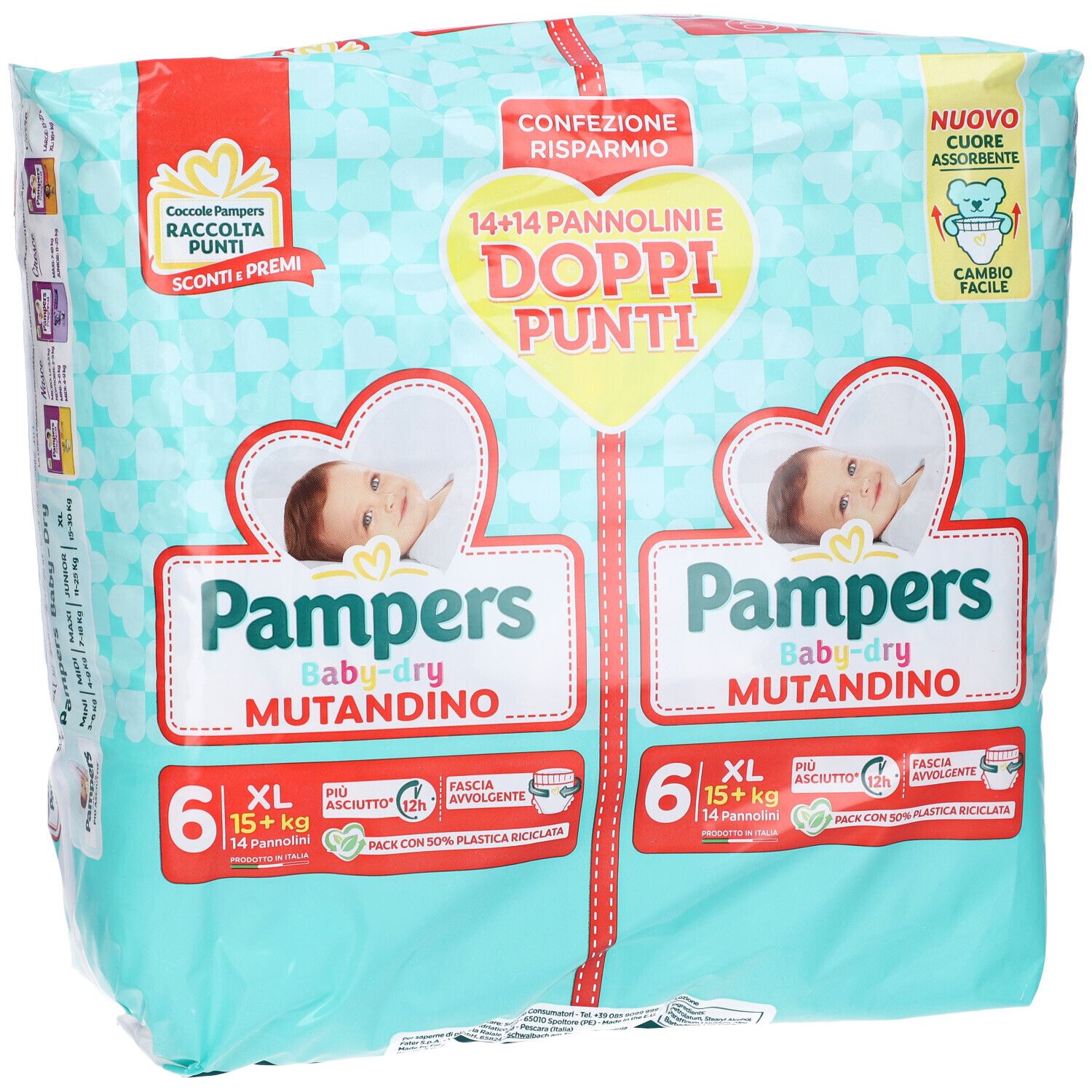 Confezione Pampers Baby-dry Mutandino XL, 6 pezzi. Confezione con immagine bambino e informazioni prodotto.