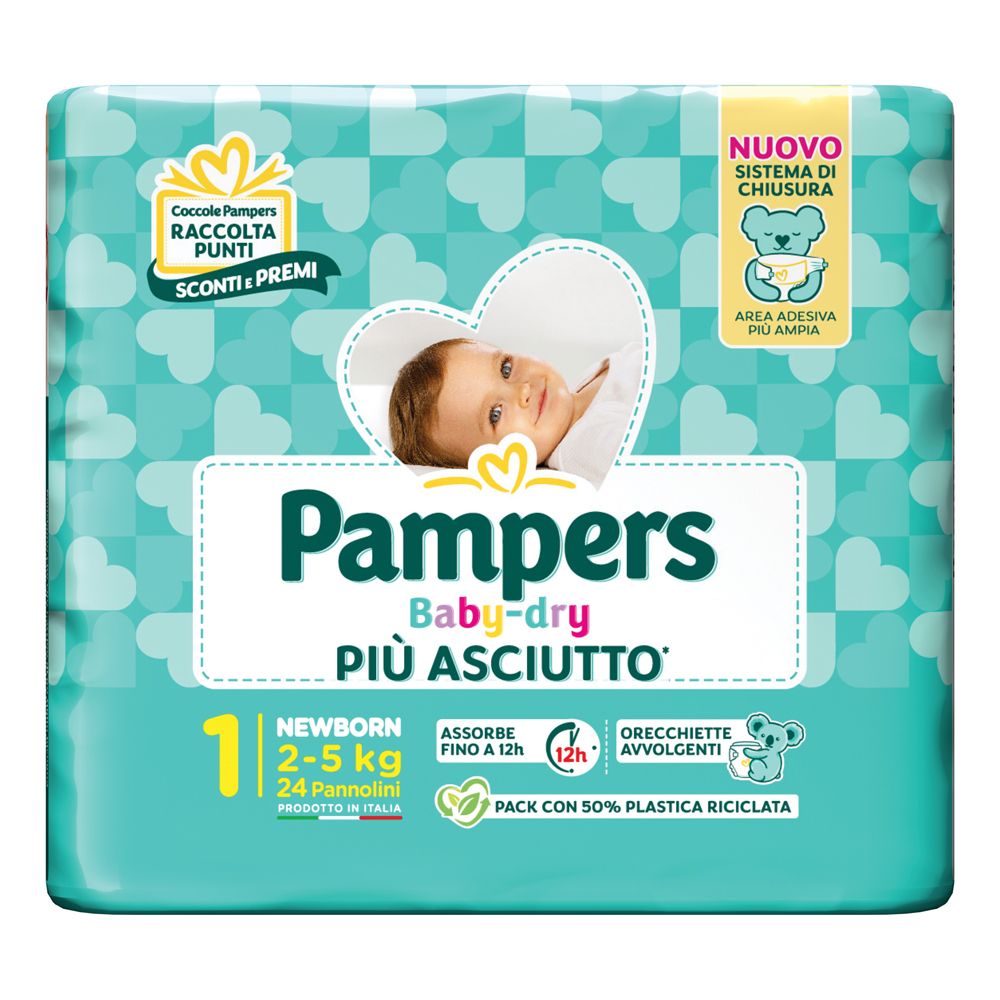 Pampers Baby-dry Windeln, Packung mit 24 Stück. Für Neugeborene, 2-5 kg. Türkis Verpackung mit Baby-Illustration.