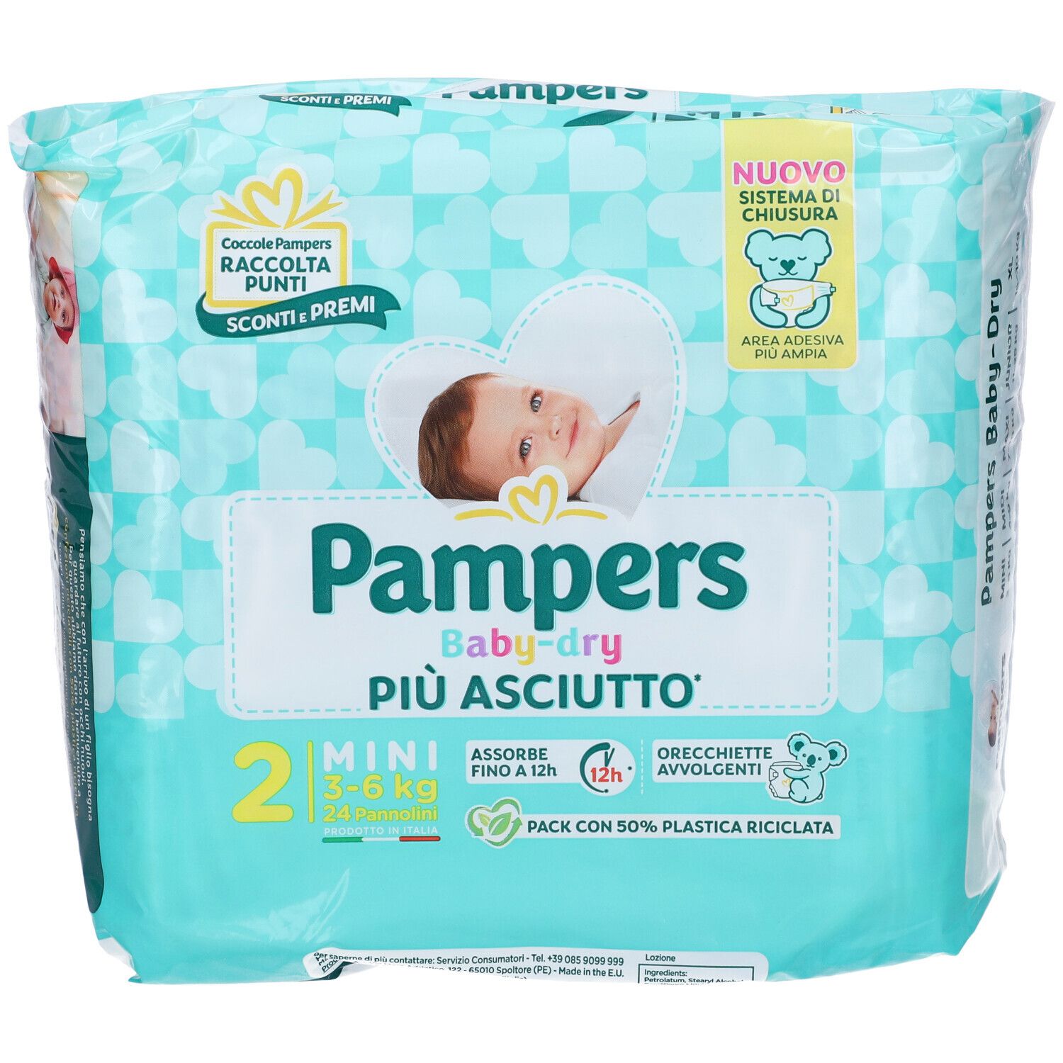 Pampers Baby-Dry Windeln, Packung. Mini-Größe, 3-6 kg. Aufdrucke: Baby, Herz, Koala. Text: Più asciutto, 24 Stück.