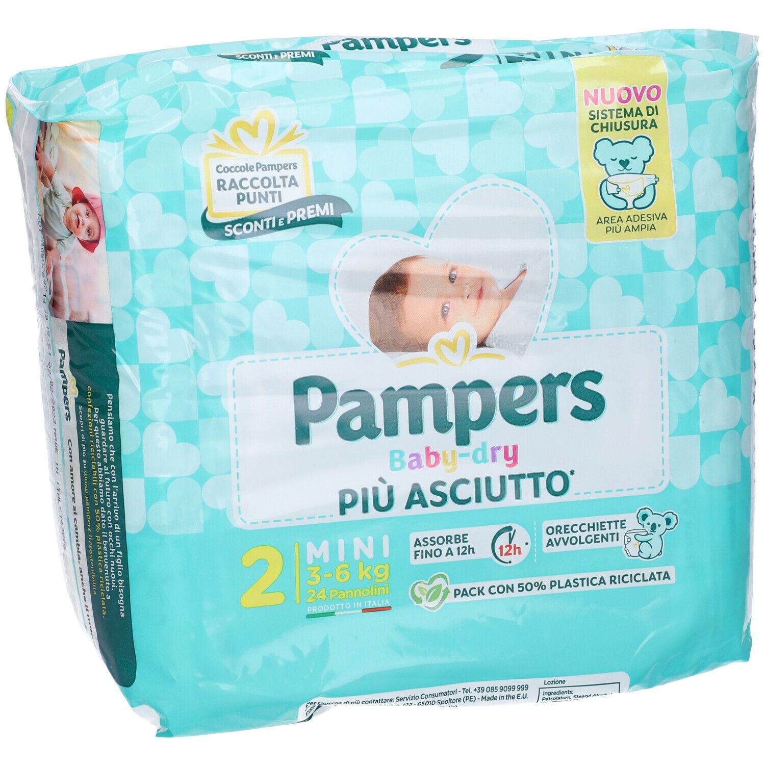 Pampers Baby-Dry Windeln, Packung. Mini-Größe, 3-6 kg. Aufdrucke: Baby, Herz, Koala. Text: Più asciutto, 24 Stück.