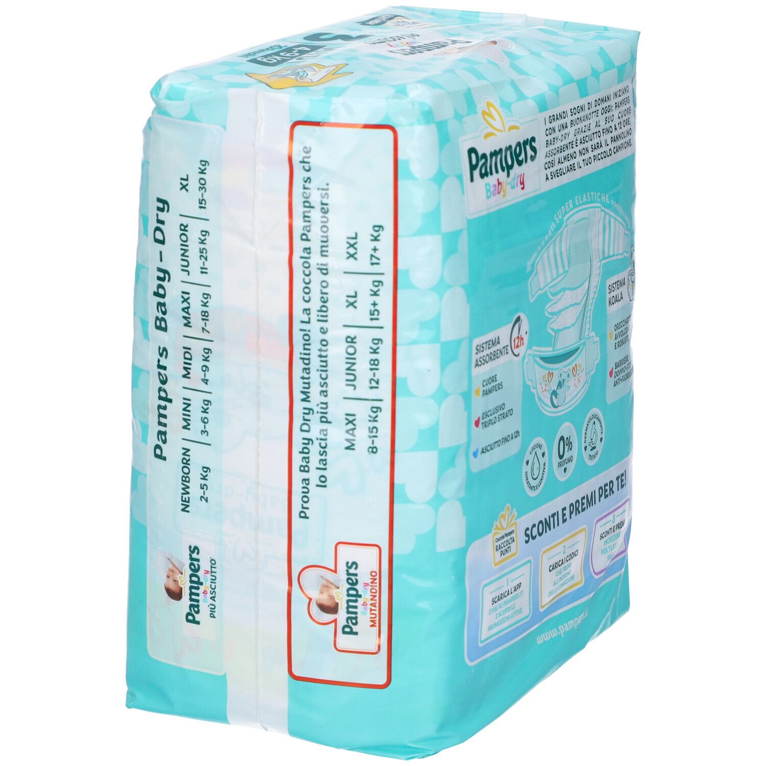 Pampers Baby-Dry Windelpackung, Größenübersicht. Größen: Mini, Midi, Maxi, Junior, XL, XXL. Aufdrucke: Baby, Koala, recyceltes Plastik.