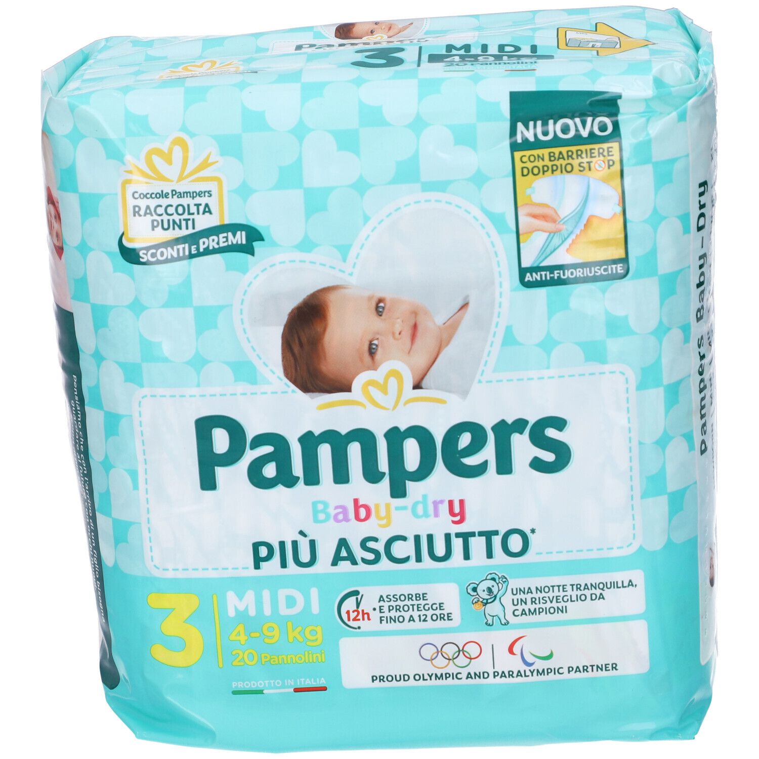 Pampers Baby-Dry Windeln, Packung. Größe 3 Midi, 4-9 kg. Aufdrucke: Baby, Herz, Koala, 12h Schutz, recyceltes Plastik.
