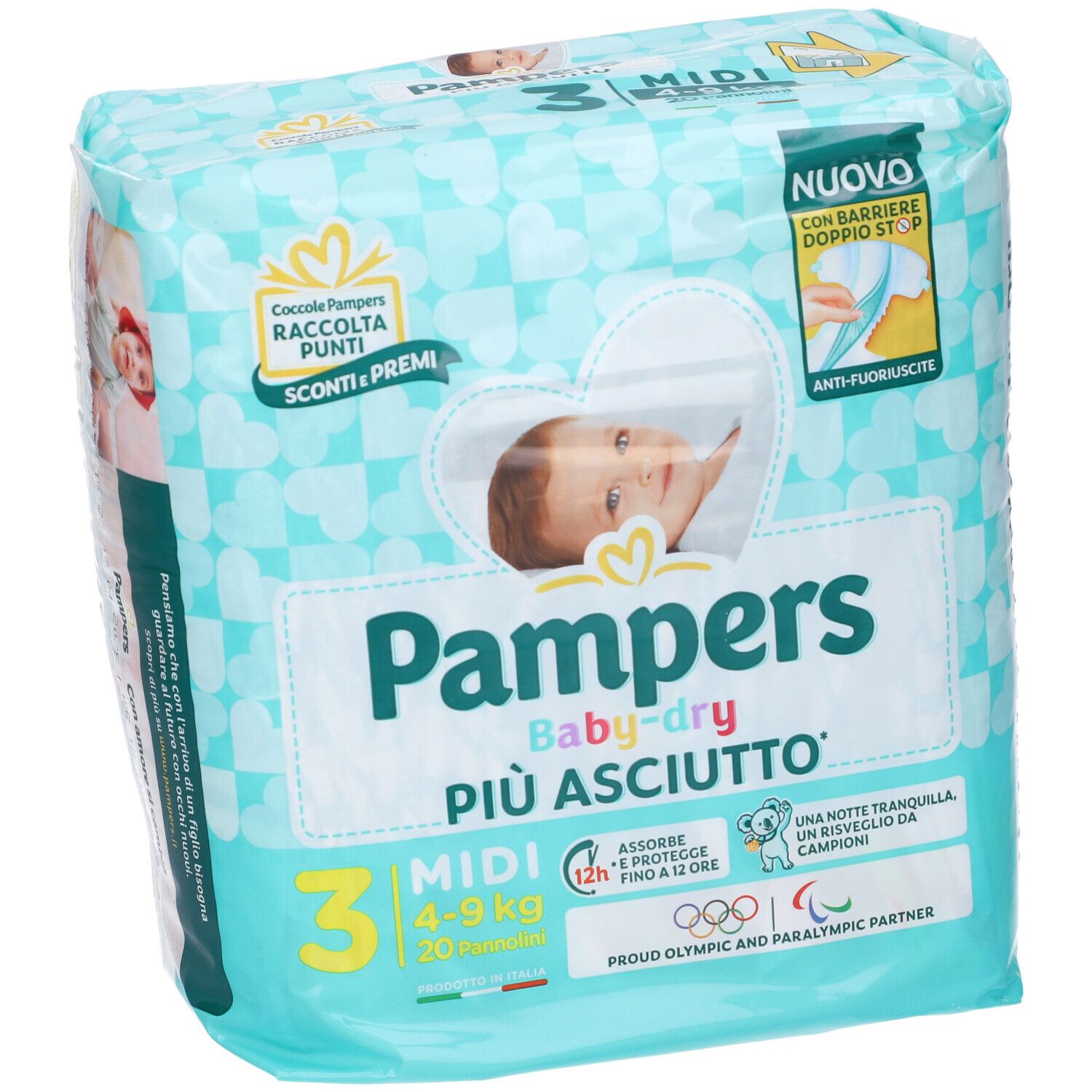 Pampers Baby-Dry Windeln, Packung. Größe 3 Midi, 4-9 kg. Aufdrucke: Baby, Herz, Koala, 12h Schutz, recyceltes Plastik.