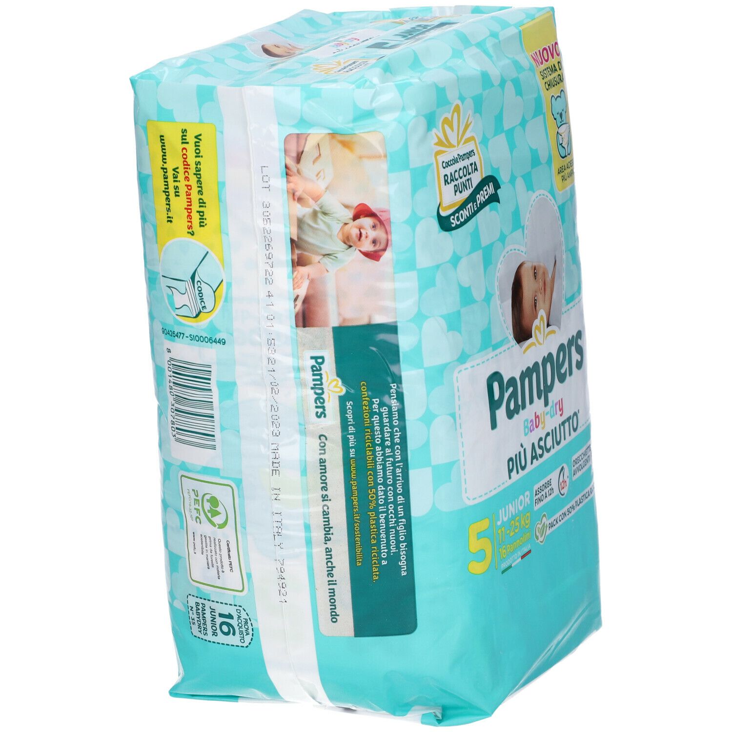 Confezione Pampers Baby-Dry, angolata. Junior, 11-25 kg. Design turchese e bianco. Illustrazione di bambino. Scritto: 'Più asciutto'. 16 pezzi.