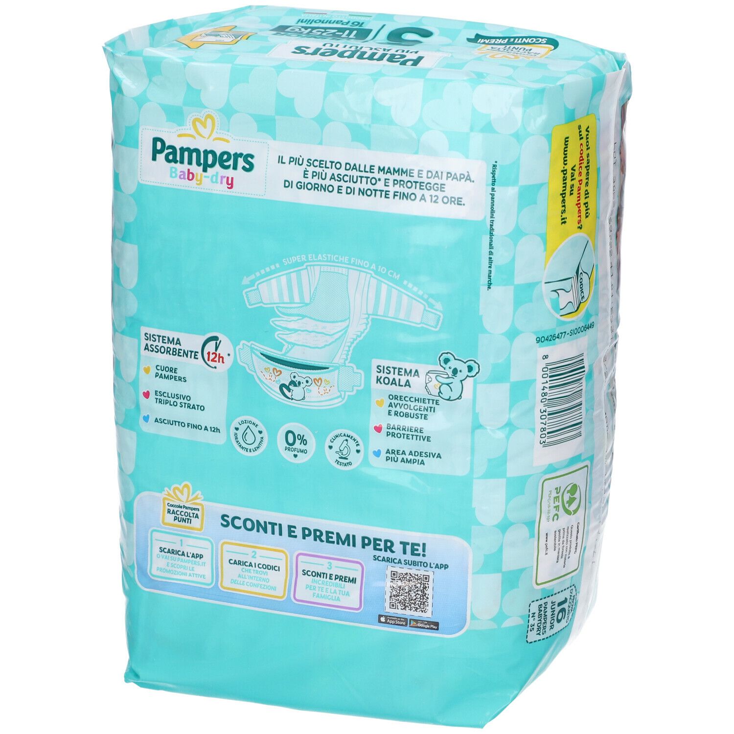 Retro della confezione Pampers Baby-Dry. Junior, 11-25 kg. Design turchese e bianco. Scritto: 'Più asciutto'. Illustrazione di un pannolino.