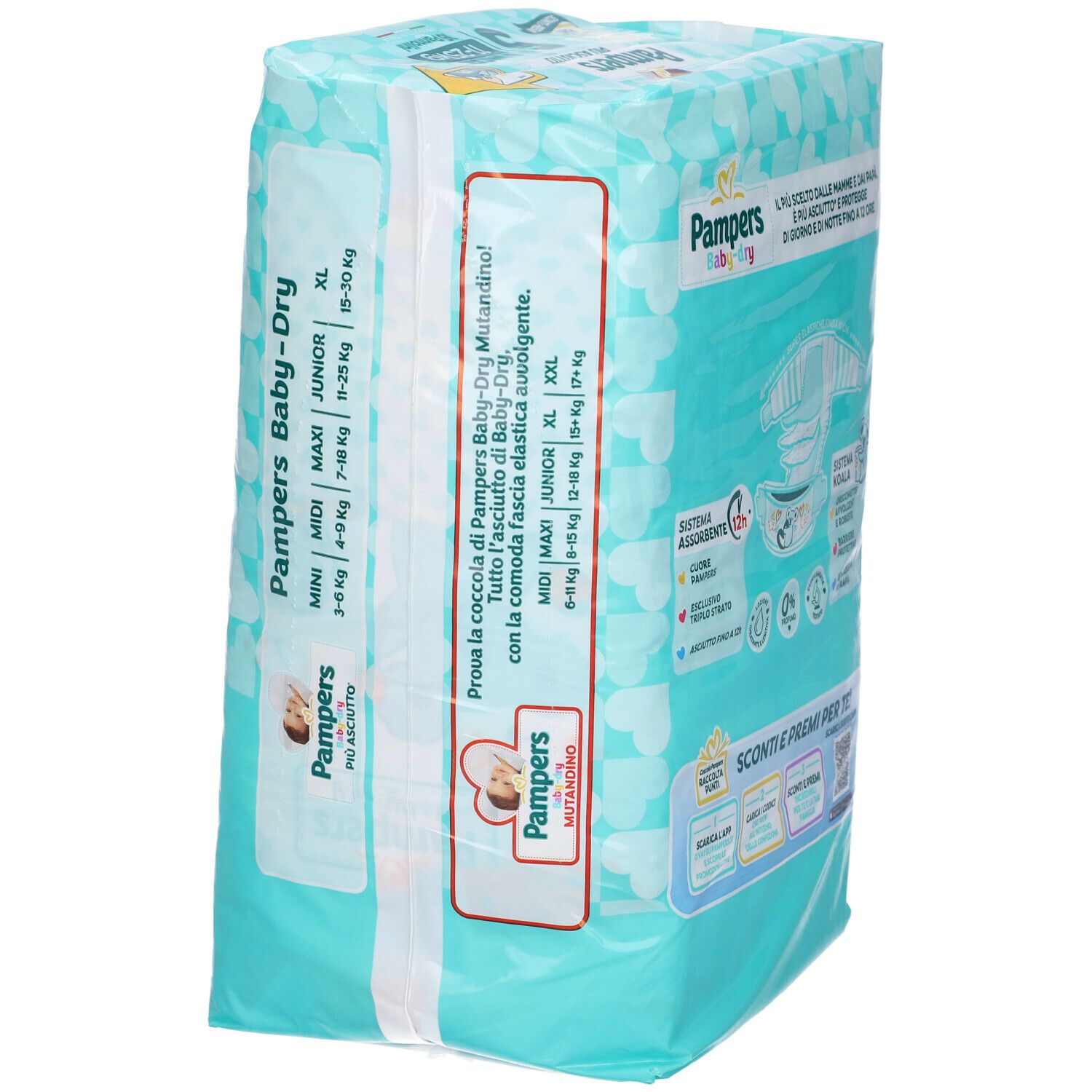 Confezione Pampers Baby-Dry, angolata. Junior, 11-25 kg. Design turchese e bianco. Scritto: 'Più asciutto'. Taglie: Mini a XL.