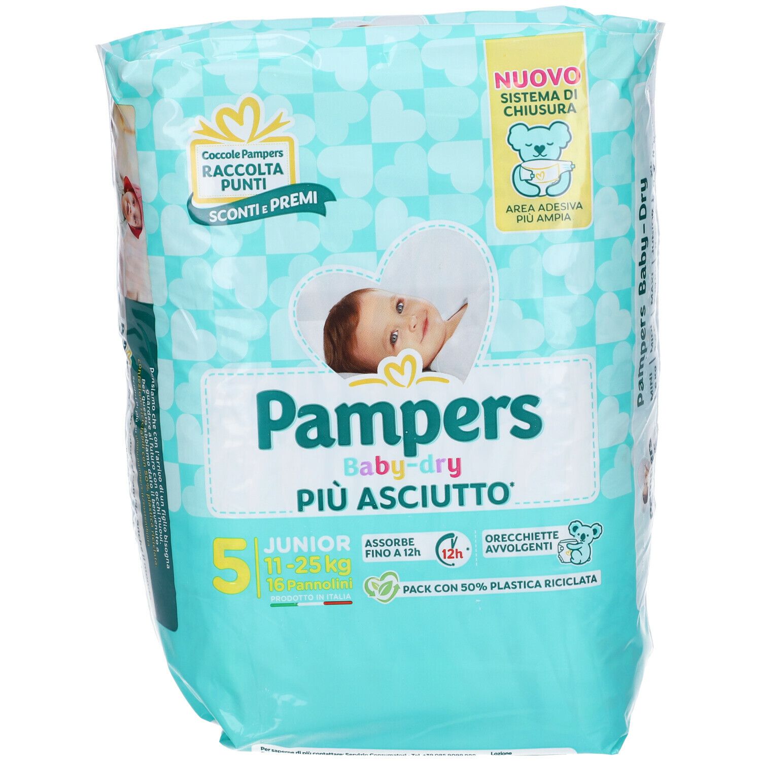 Confezione Pampers Baby-Dry. Junior, 11-25 kg. Design turchese e bianco. Illustrazione di bambino. Scritto: 'Più asciutto'. Confezione da 5.