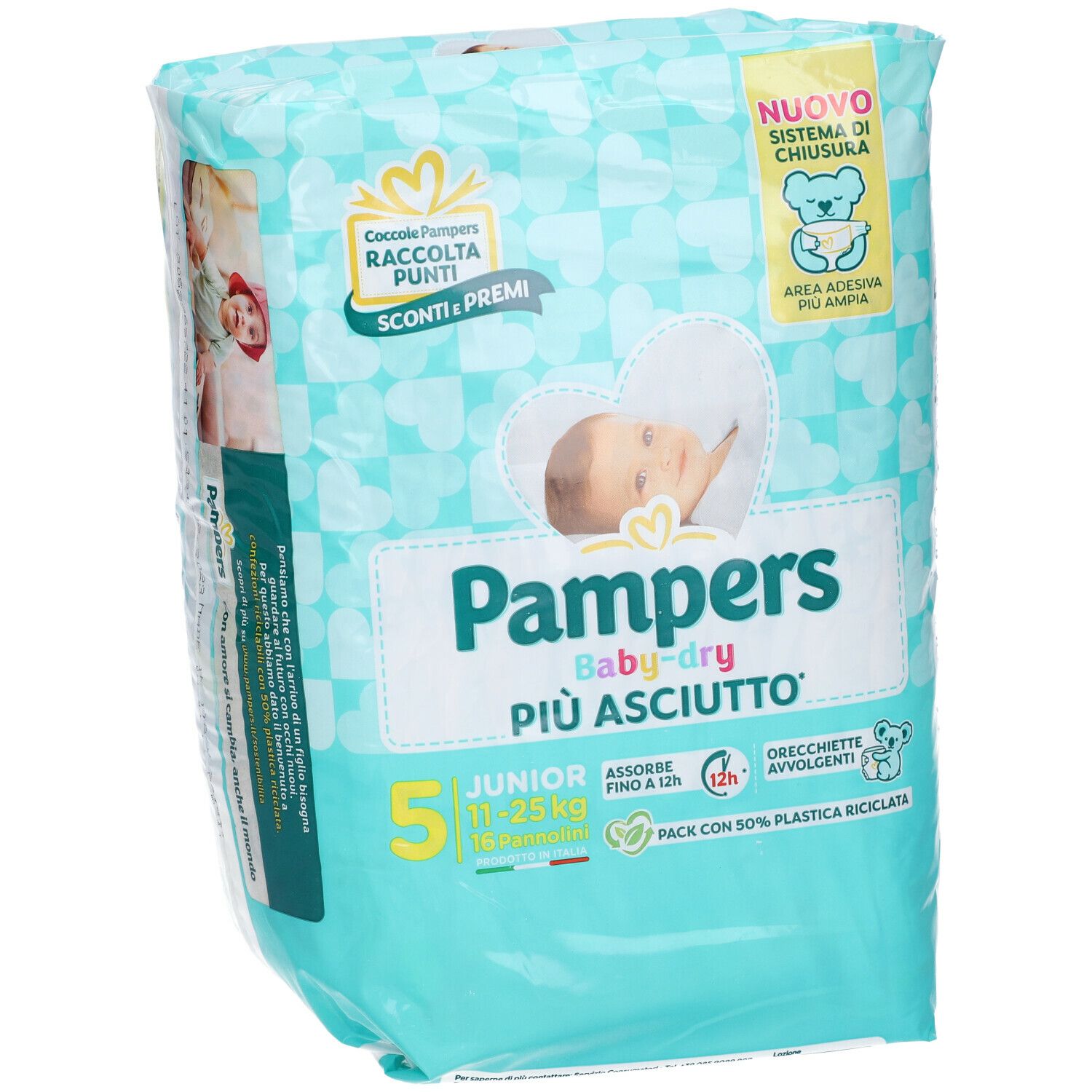 Confezione Pampers Baby-Dry. Junior, 11-25 kg. Design turchese e bianco. Illustrazione di bambino. Scritto: 'Più asciutto'.