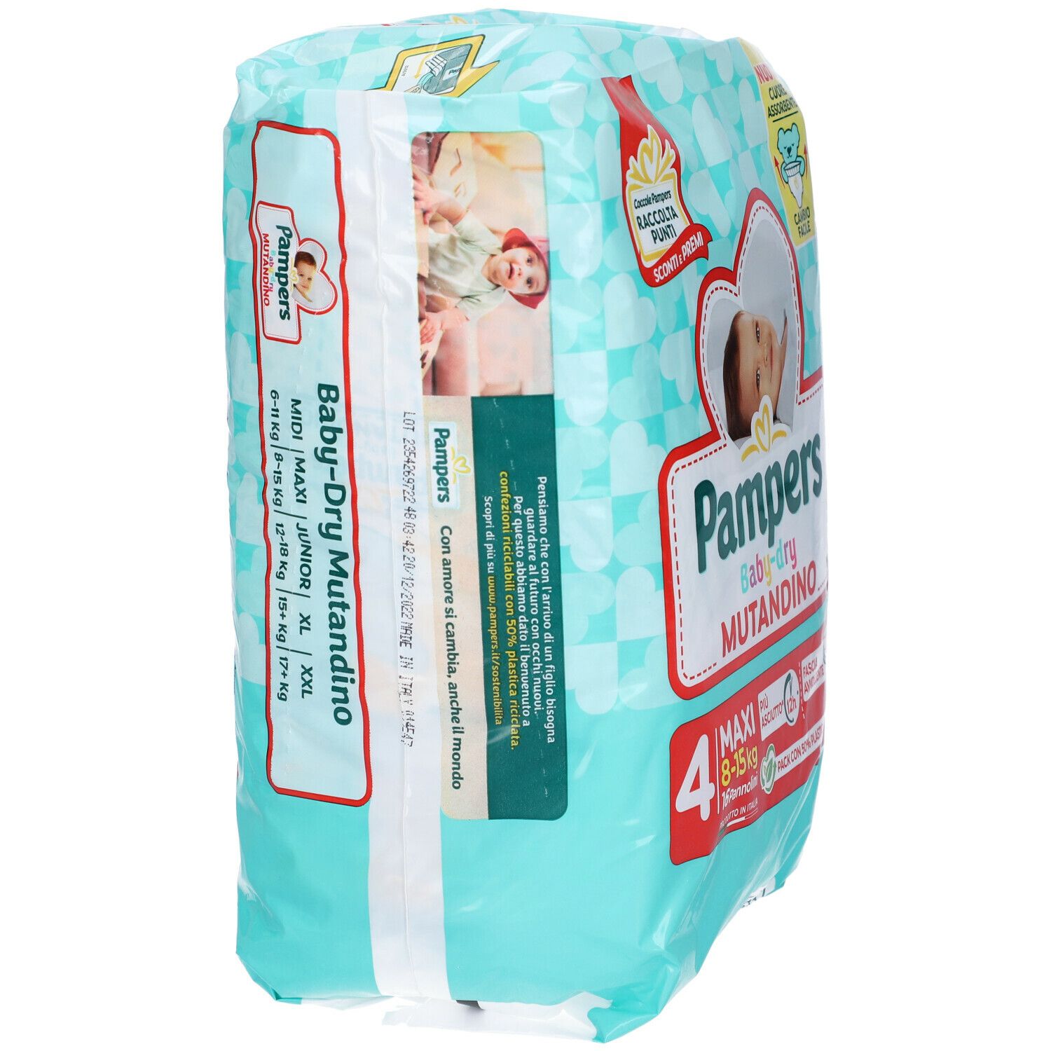 Pampers Baby-dry Mutandino. Taglie: Midi, Maxi, Junior, XL, XXL. Confezione con informazioni prodotto e bambino.