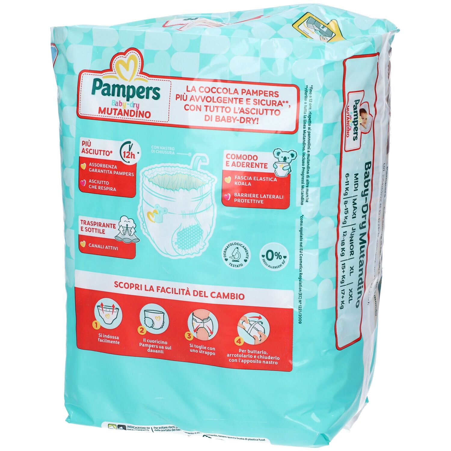 Confezione Pampers Baby-dry Mutandino. Informazioni e illustrazioni. Dettagli pannolino, protezione 12h, traspirante, morbido.