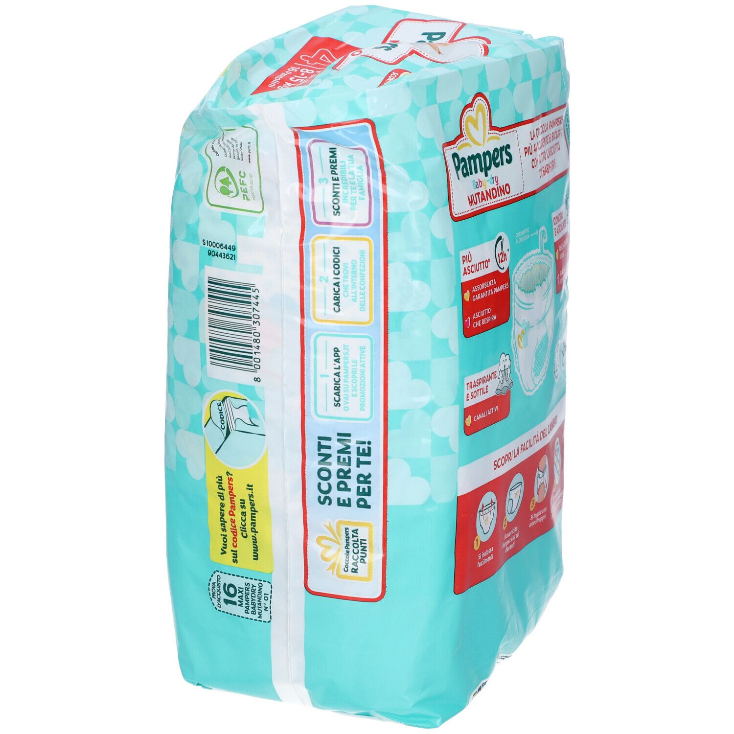 Confezione Pampers Baby-dry Mutandino. Informazioni e illustrazioni. 16 pannolini. Info riciclo. Info app.