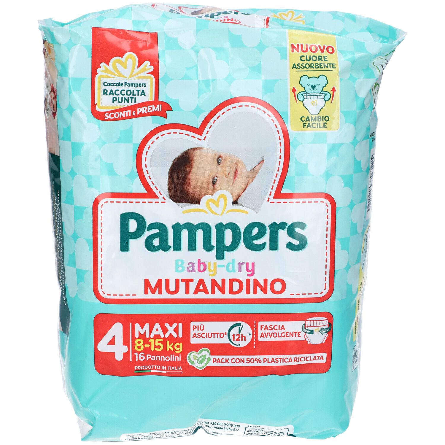 Pampers Baby-dry Mutandino, taglia 4, 8-15 kg. Confezione con bambino e dettagli prodotto. Contiene 16 pannolini.