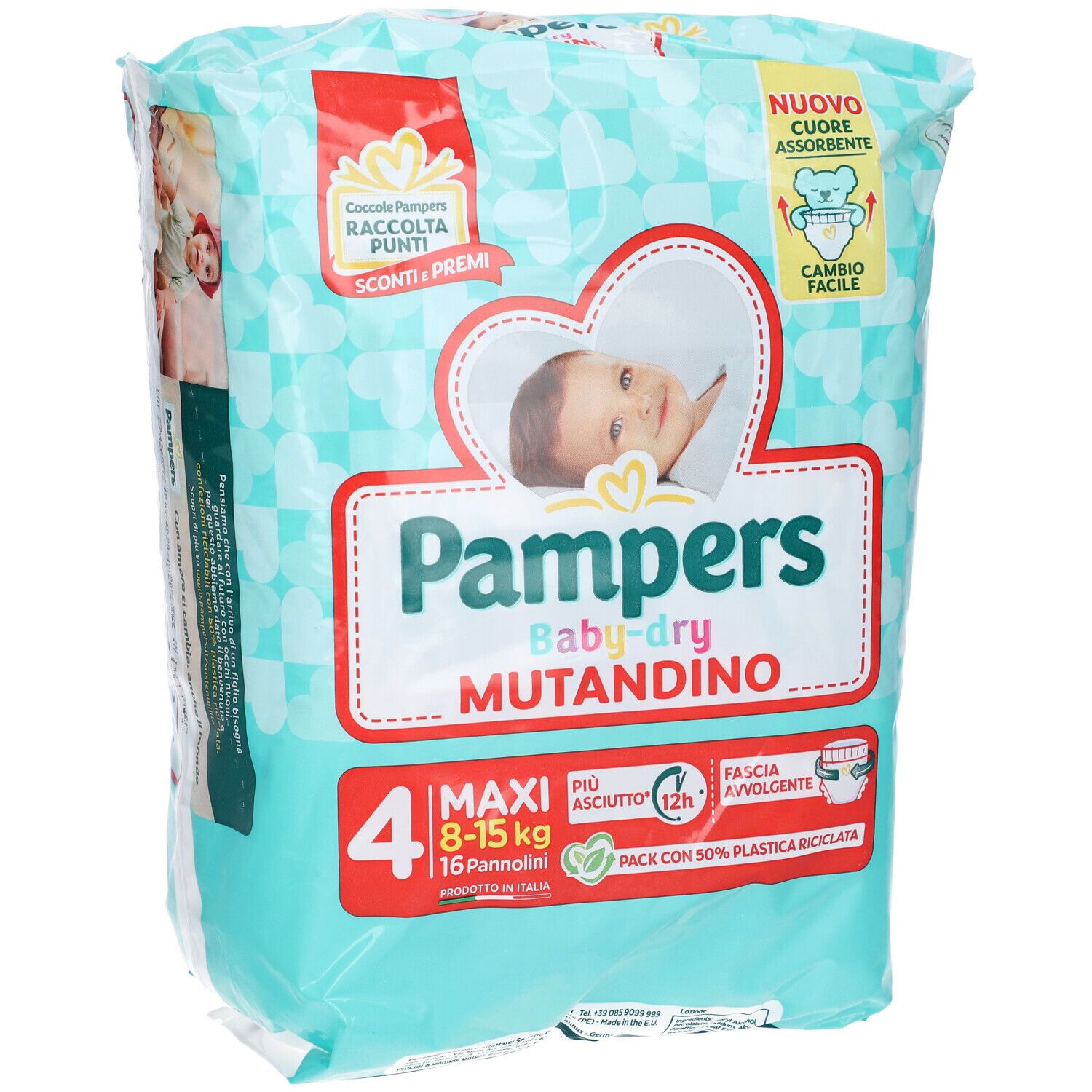 Pampers Baby-dry Mutandino, taglia 4, 8-15 kg. Confezione con bambino e dettagli prodotto. Contiene 16 pannolini.