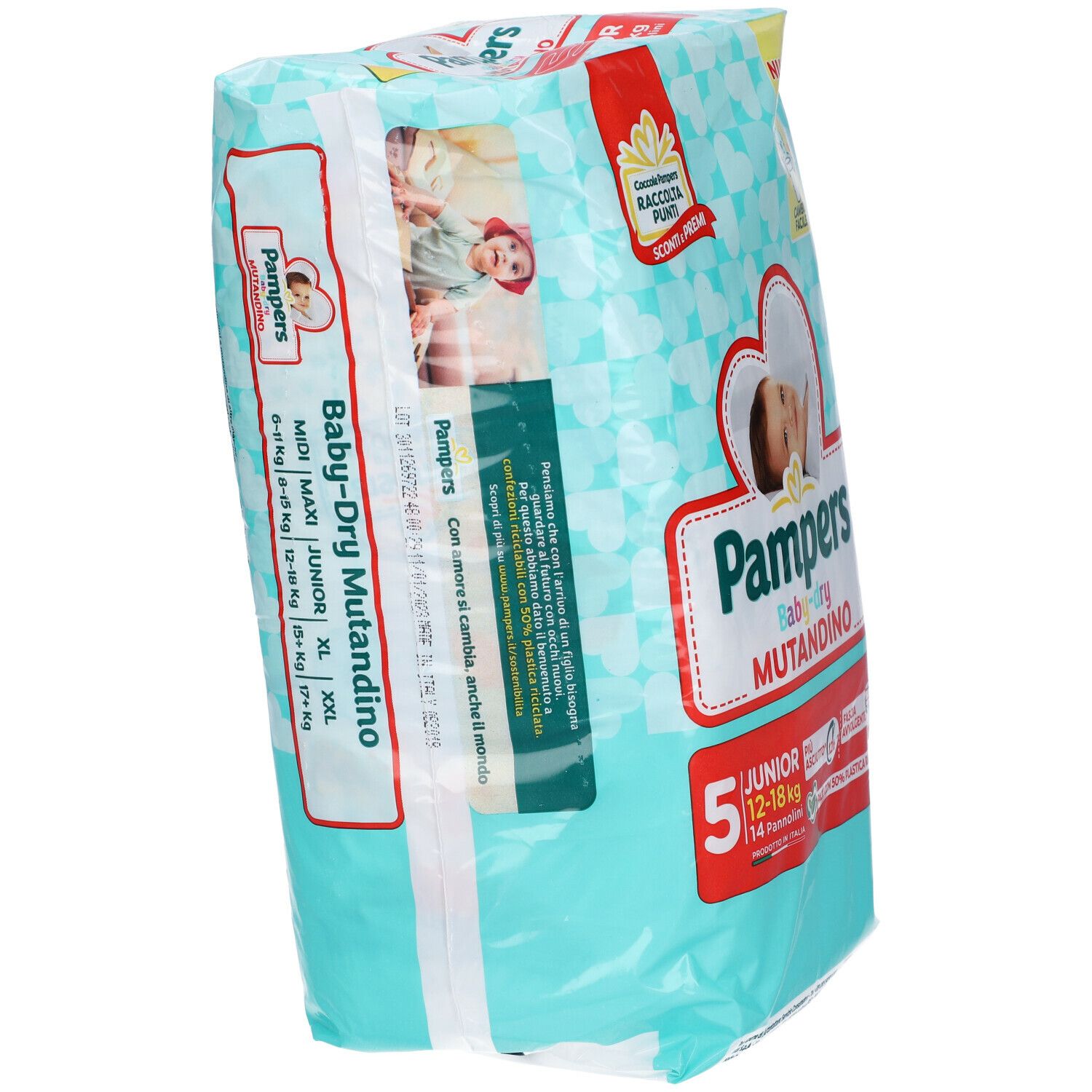 Pampers Baby-dry Mutandino 5 Junior, 14 pannolini. Per bambini 12-18 kg. Confezione con informazioni sul prodotto.