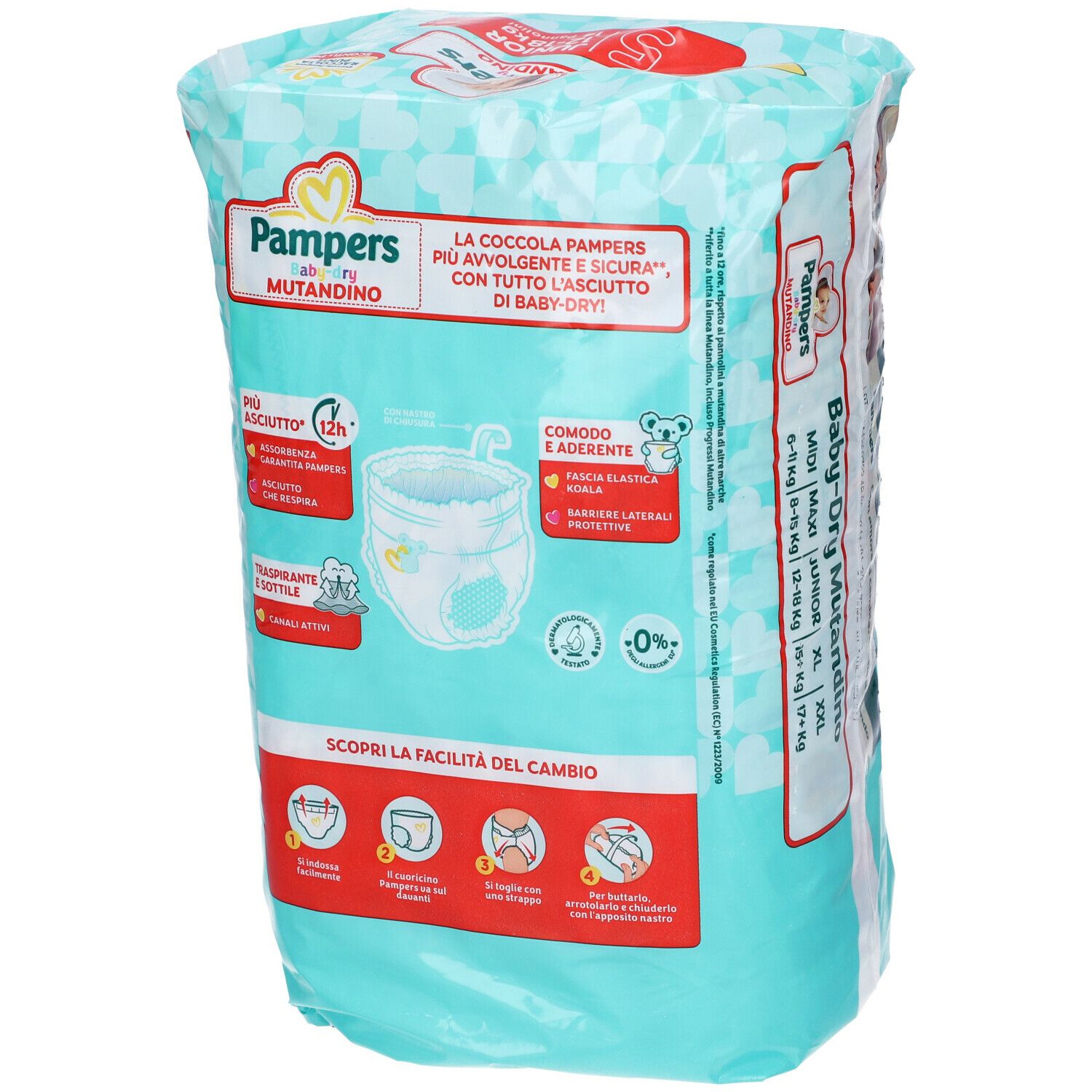 Pampers Baby-dry Mutandino 5 Junior, 14 pannolini. Per bambini 12-18 kg. Confezione con caratteristiche del prodotto.