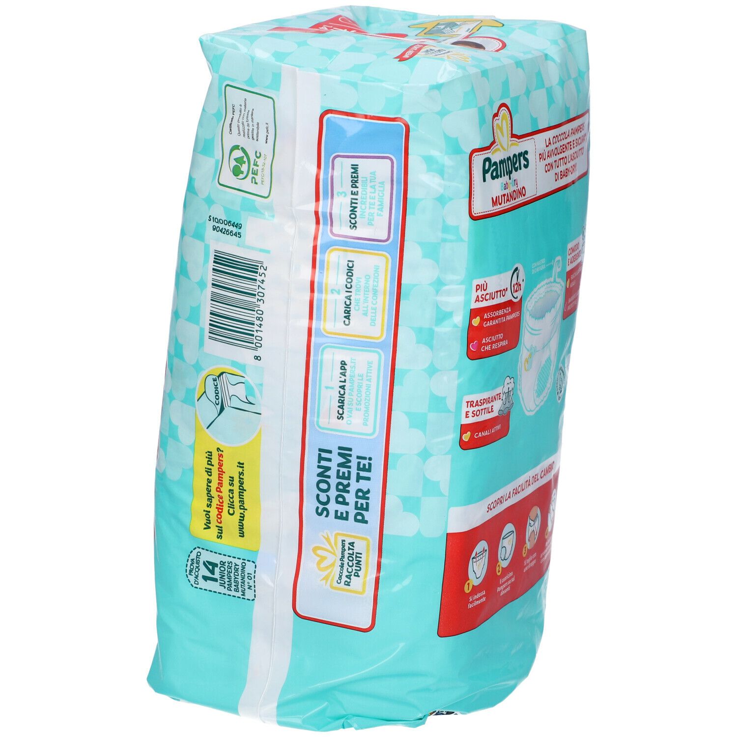 Pampers Baby-dry Mutandino 5 Junior, 14 pannolini. Per bambini 12-18 kg. Confezione con informazioni sul prodotto.