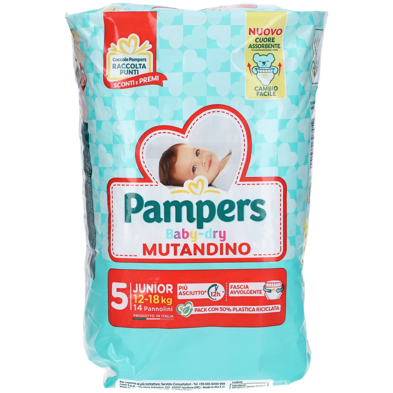 Pampers Baby-dry Mutandino 5 Junior, 14 pannolini. Per bambini 12-18 kg. Confezione con cuori e foto di bambino.