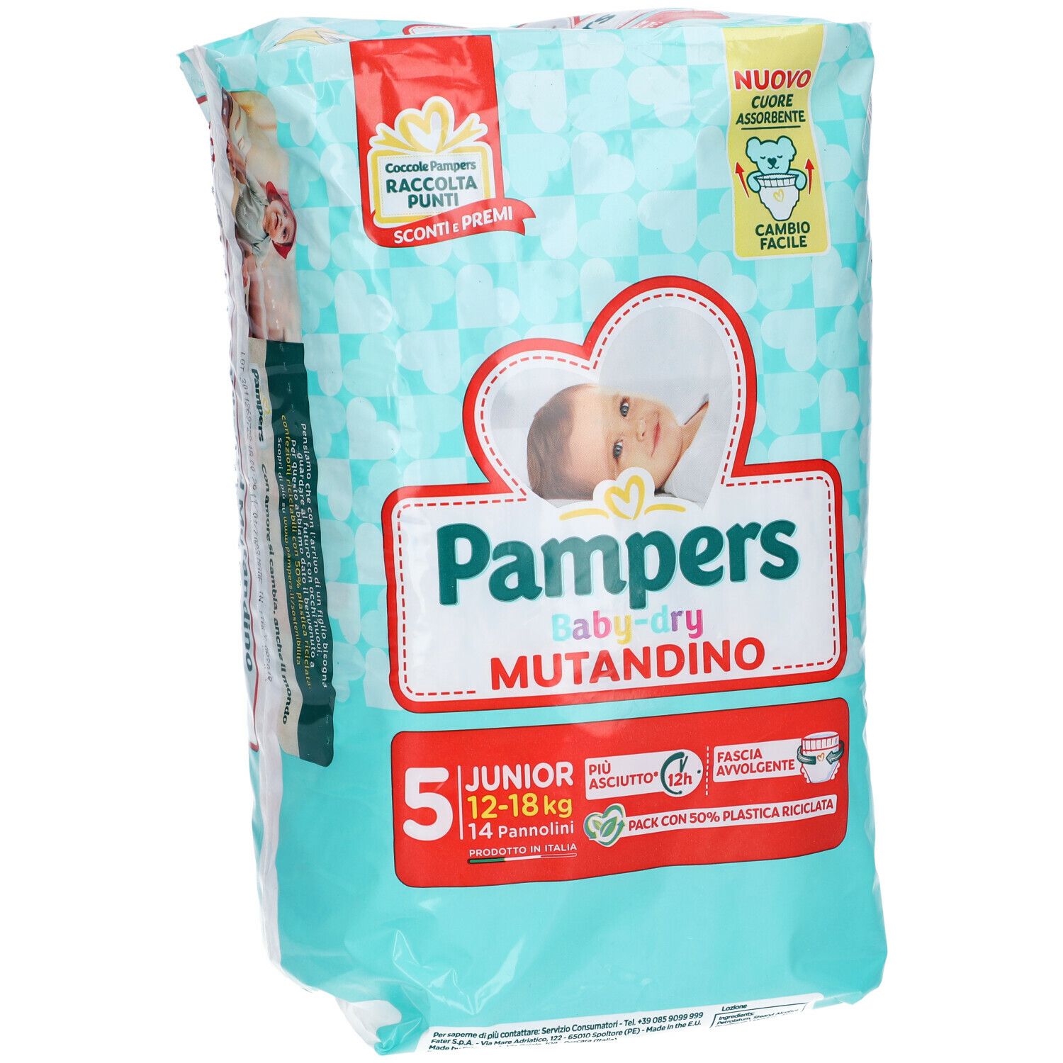 Pampers Baby-dry Mutandino 5 Junior, 14 pannolini. Per bambini 12-18 kg. Confezione con cuori e foto di bambino.