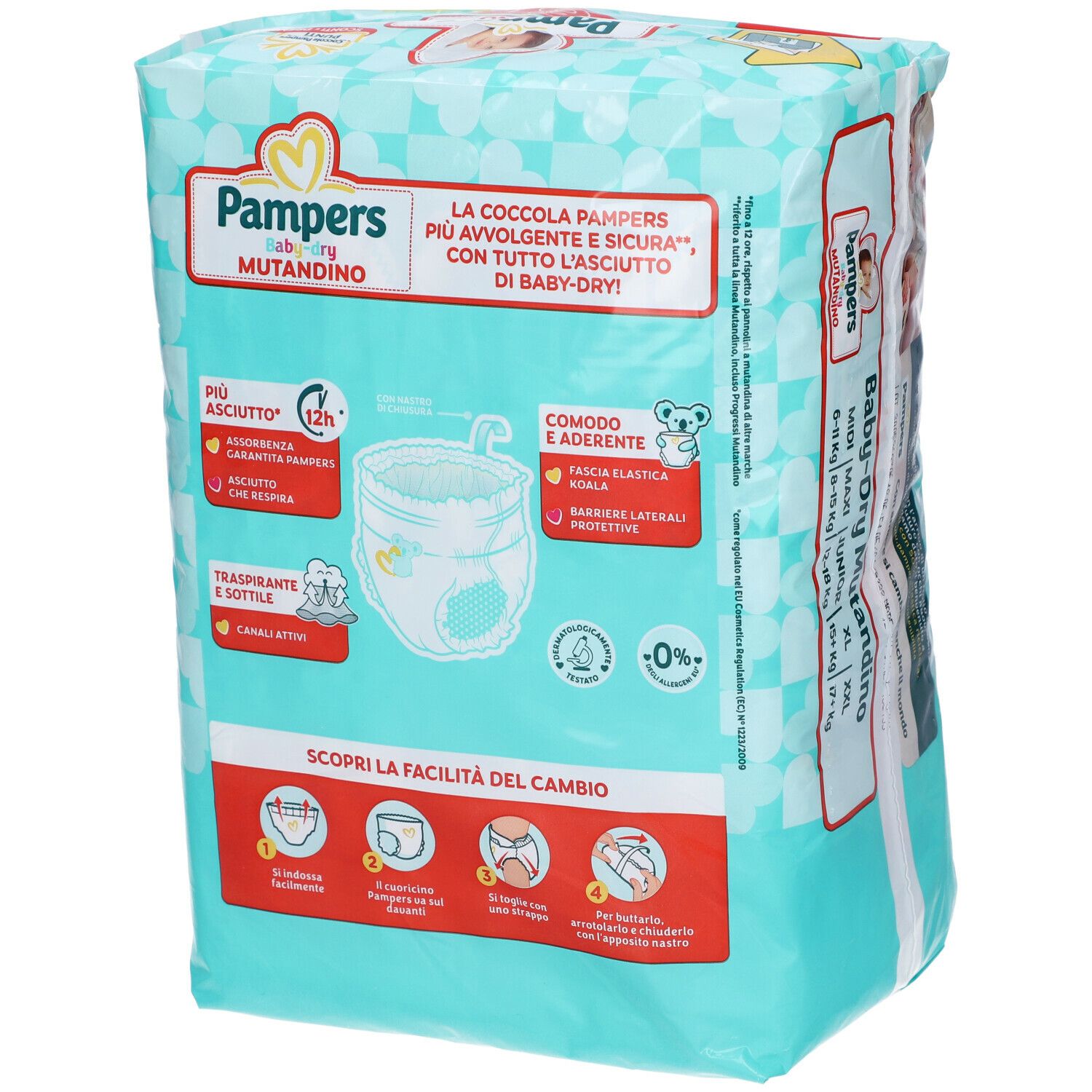 Retro della confezione Pampers Baby-dry Mutandino 6 XL. Caratteristiche e esempi di utilizzo. Illustrazione bambino.
