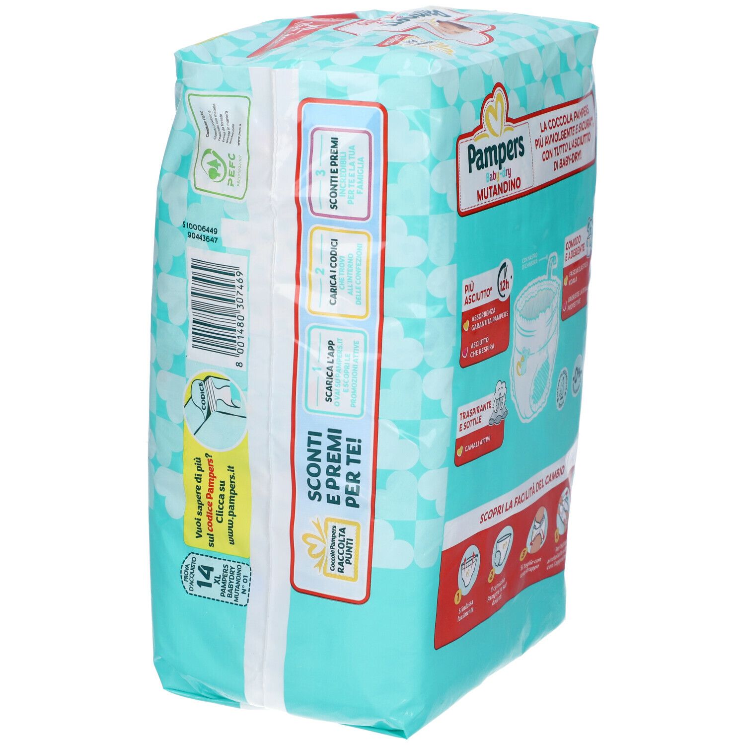 Vista laterale della confezione Pampers Baby-dry Mutandino 6 XL. Informazioni su sconti e riciclo.