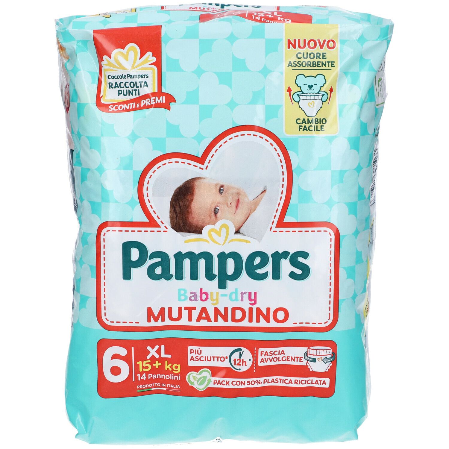 Confezione Pampers Baby-dry Mutandino 6 XL. Vista frontale con informazioni e illustrazione. 14 pannolini.
