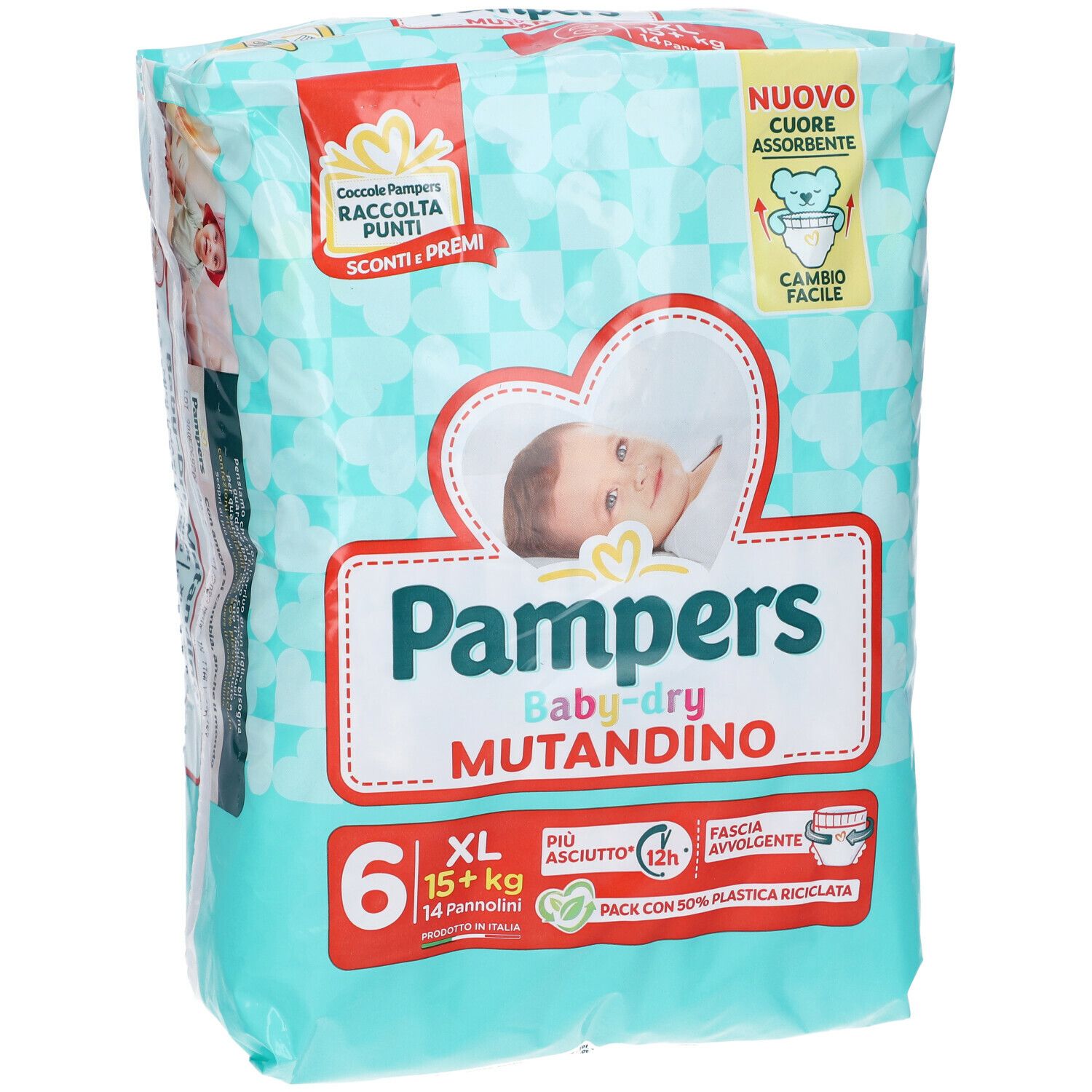 Confezione Pampers Baby-dry Mutandino 6 XL. Vista frontale con informazioni e illustrazione. 14 pannolini.