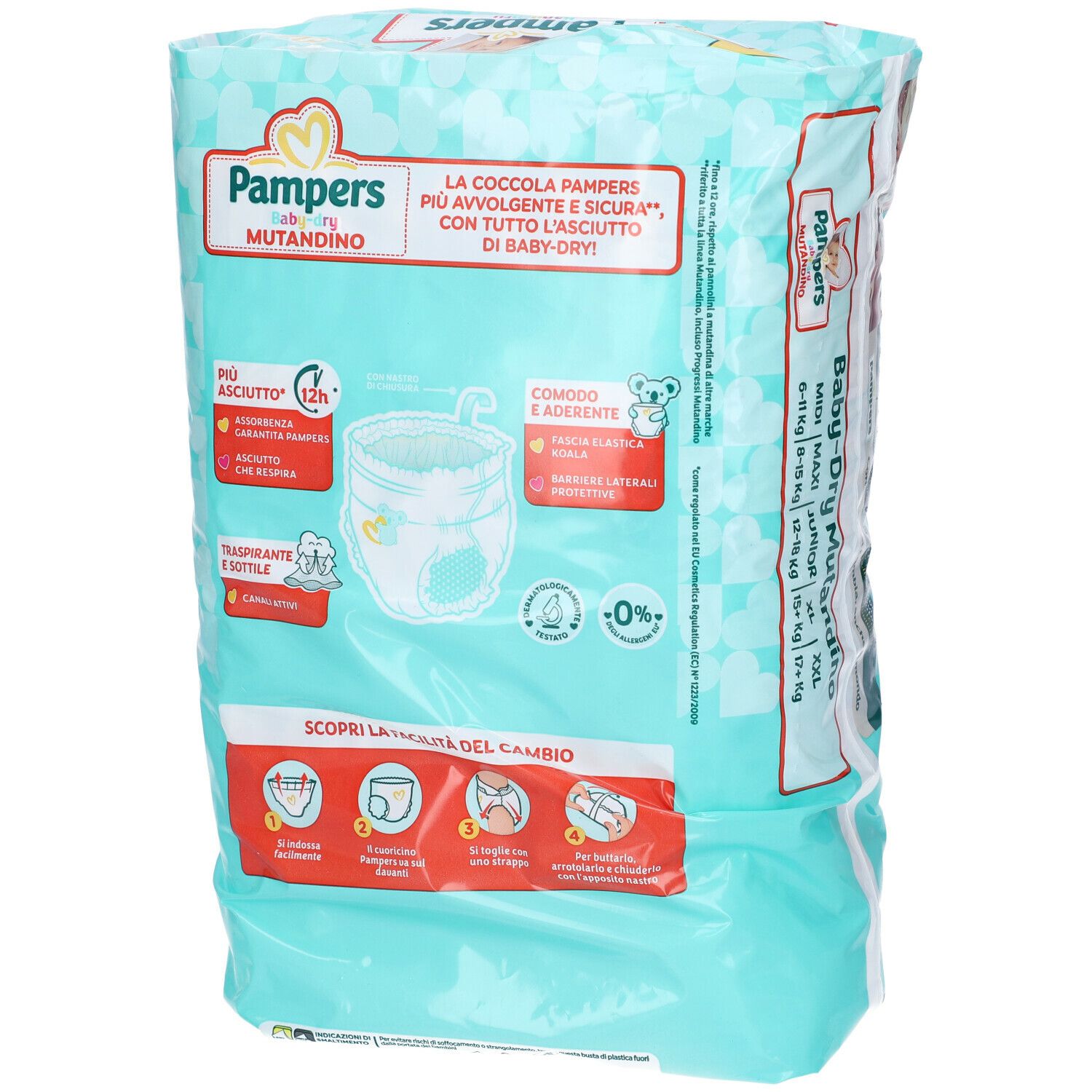 Rückseite der Pampers Baby-dry Mutandino Packung. Produktmerkmale, Illustrationen und Informationen. Baby-Motiv.