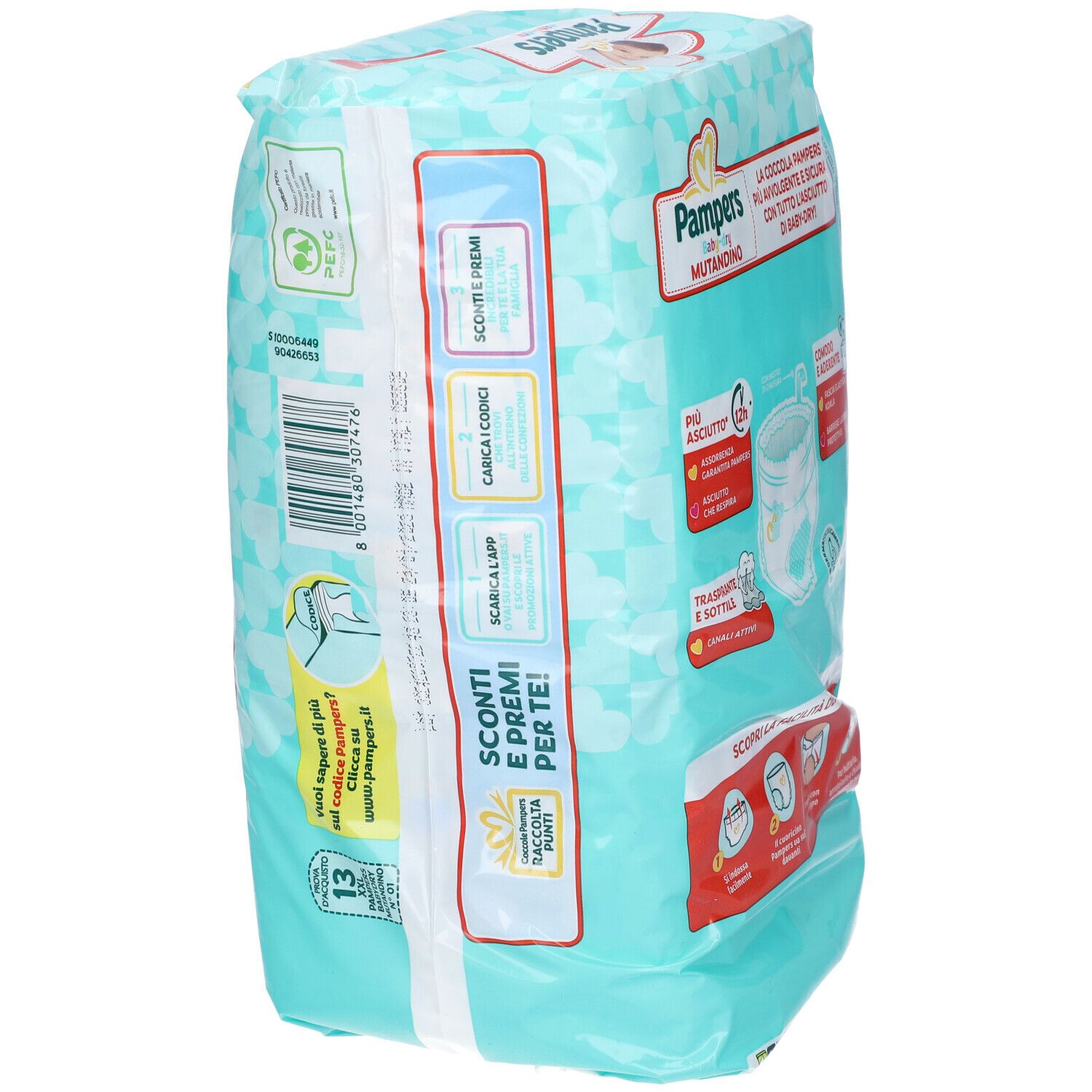 Rückseite der Pampers Baby-dry Mutandino Packung. Produktmerkmale, Illustrationen und Informationen. Baby-Motiv.