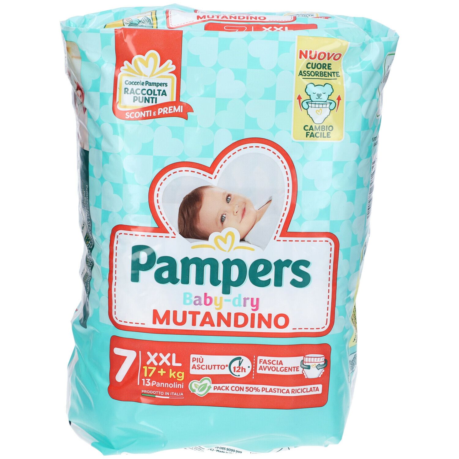 Pampers Baby-dry Mutandino Packung. Größe XXL, 17+ kg. 7 Stück. Verpackung mit Baby-Motiv und Produktinformationen.