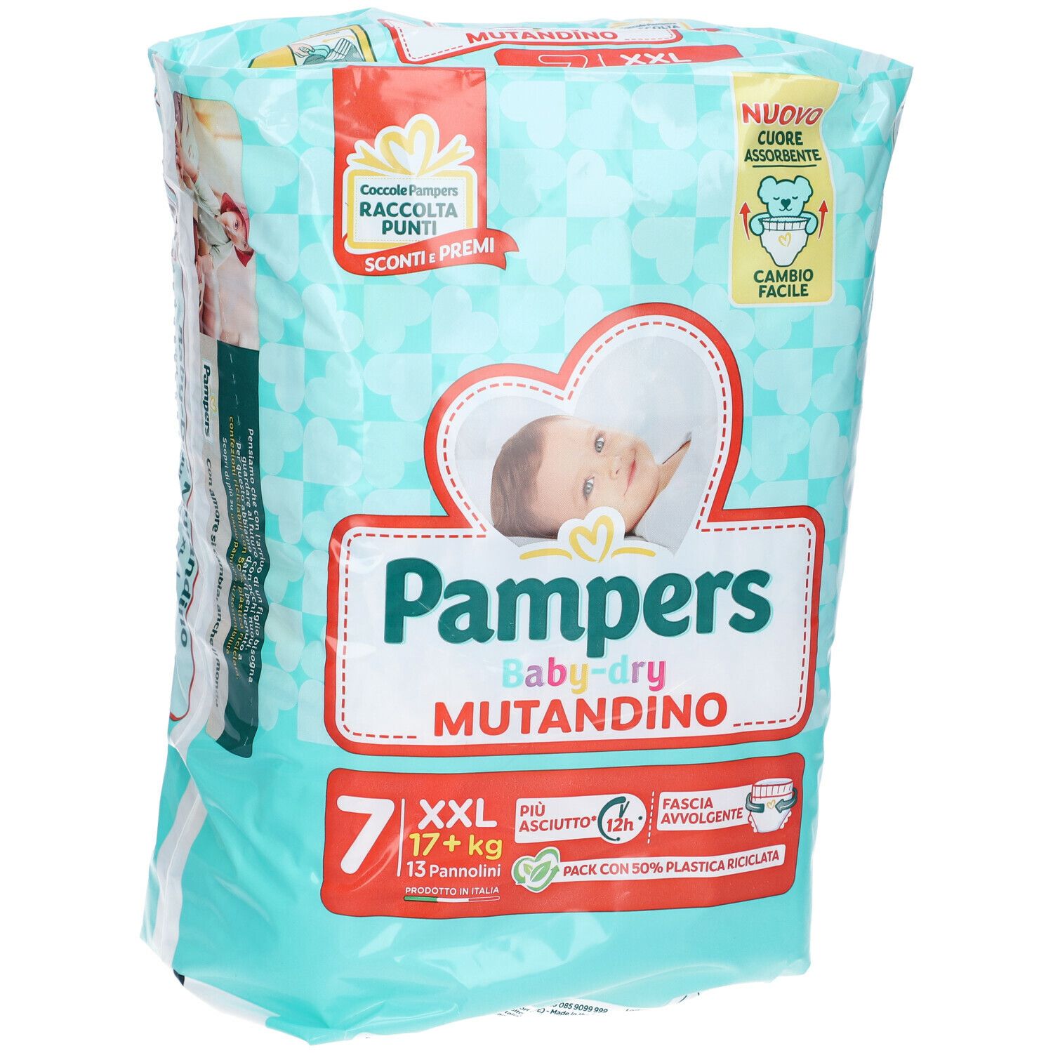 Pampers Baby-dry Mutandino Packung. Größe XXL, 17+ kg. 7 Stück. Verpackung mit Baby-Motiv und Produktinformationen.