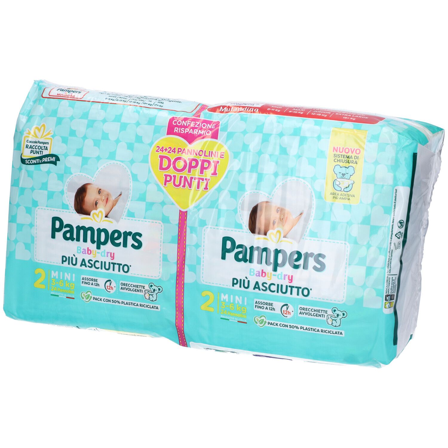 Confezione Pampers Baby-Dry Mini, 2 x 2 pannolini. Confezione con immagine bambino e informazioni.