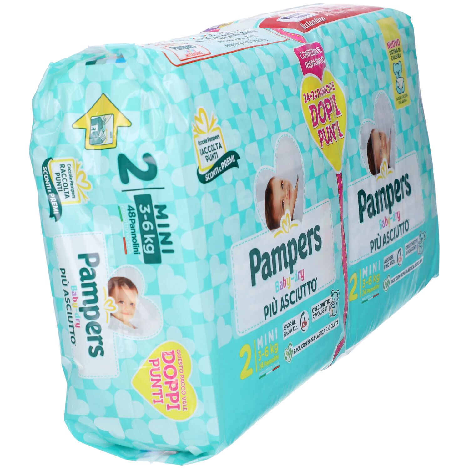 Pampers Baby-Dry Mini pannolini, 3-6 kg, 48 pezzi. Confezione con immagine bambino e informazioni.