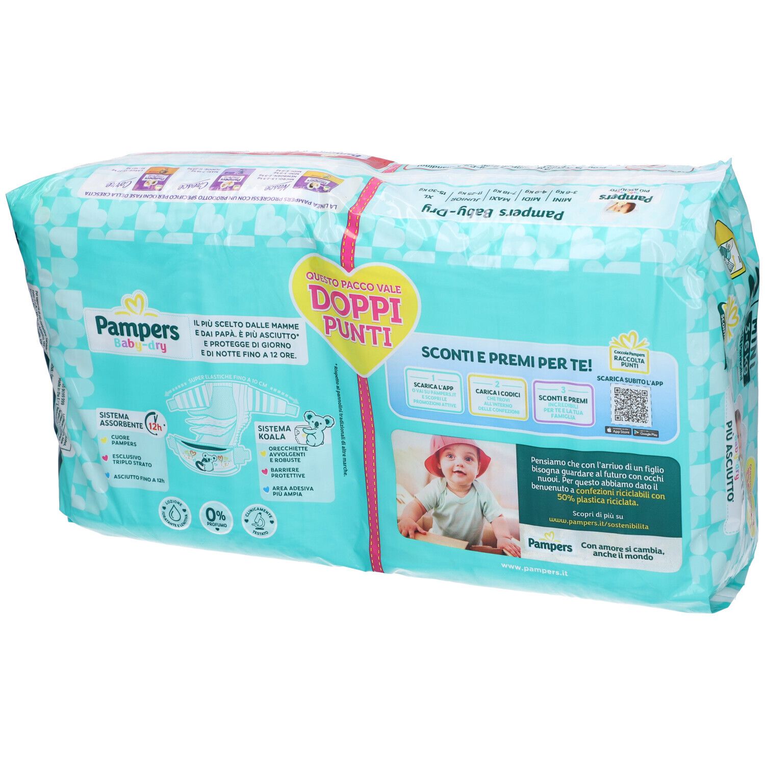 Retro della confezione Pampers Baby-Dry. Informazioni sui pannolini, codice QR e immagine bambino.