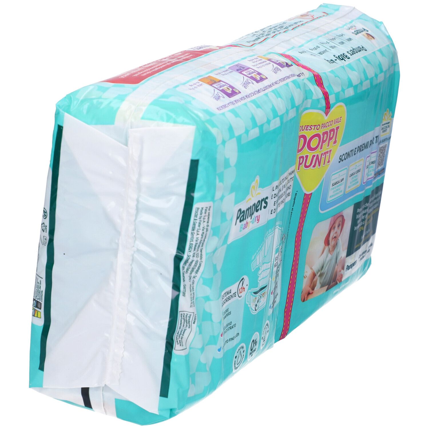 Vista laterale della confezione Pampers Baby-Dry. Informazioni e caratteristiche del prodotto.