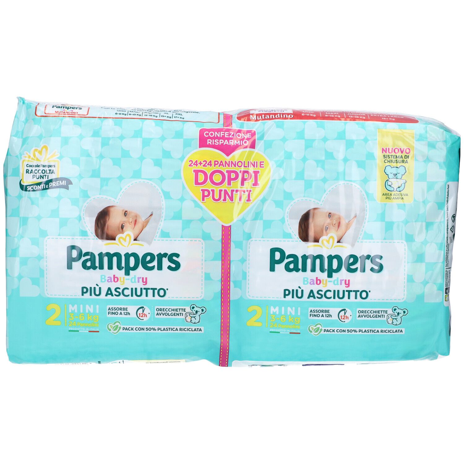 Pampers Baby-Dry Mini pannolini, confezione da 2 x 2. Confezione con immagine bambino e informazioni.