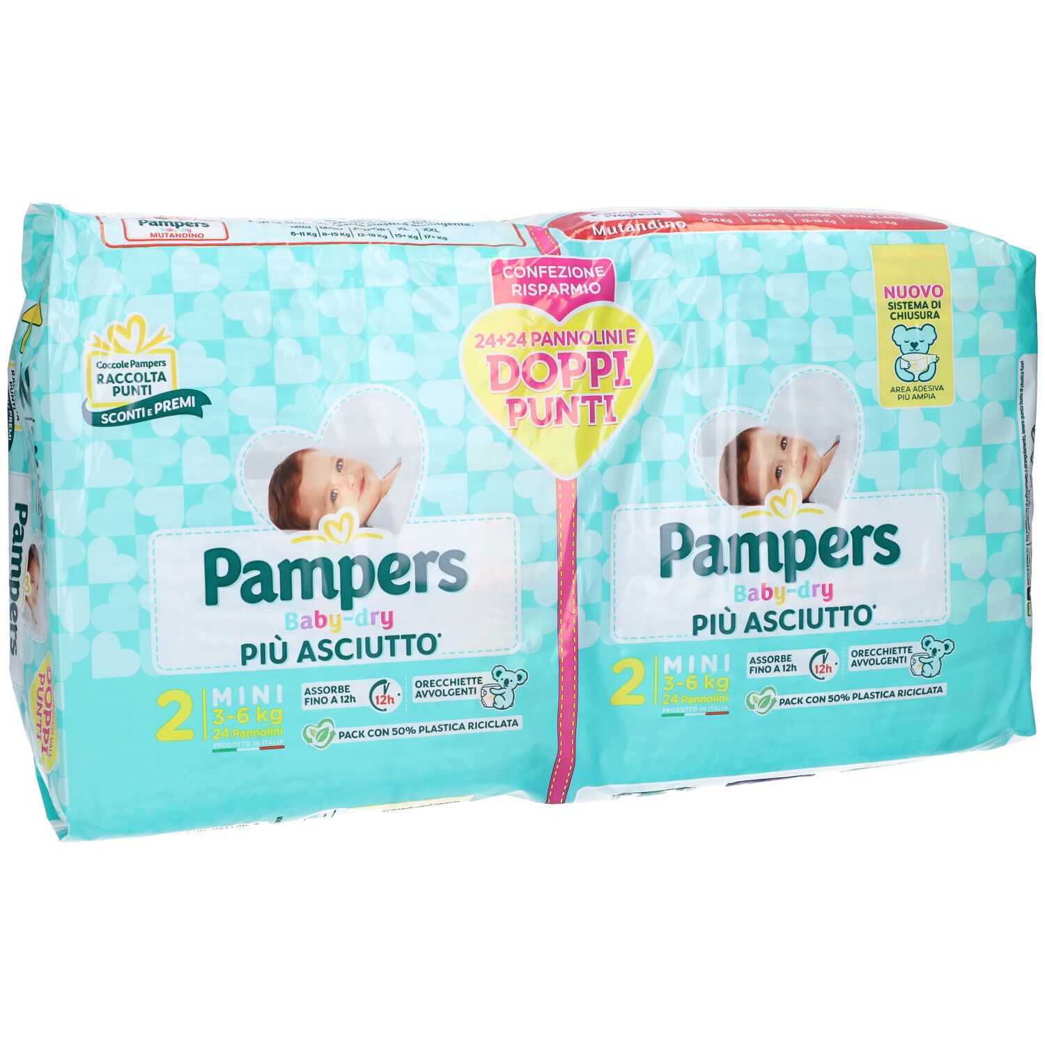 Pampers Baby-Dry Mini pannolini, confezione da 2 x 2. Confezione con immagine bambino e informazioni.