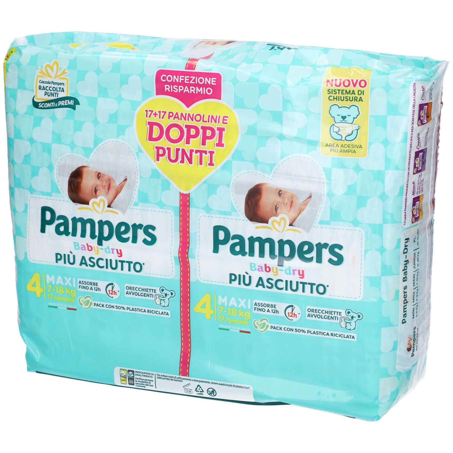 Confezione di pannolini Pampers Baby-Dry. Imballaggio con illustrazioni di bambini e informazioni sul prodotto. Contiene 4 pannolini Maxi.
