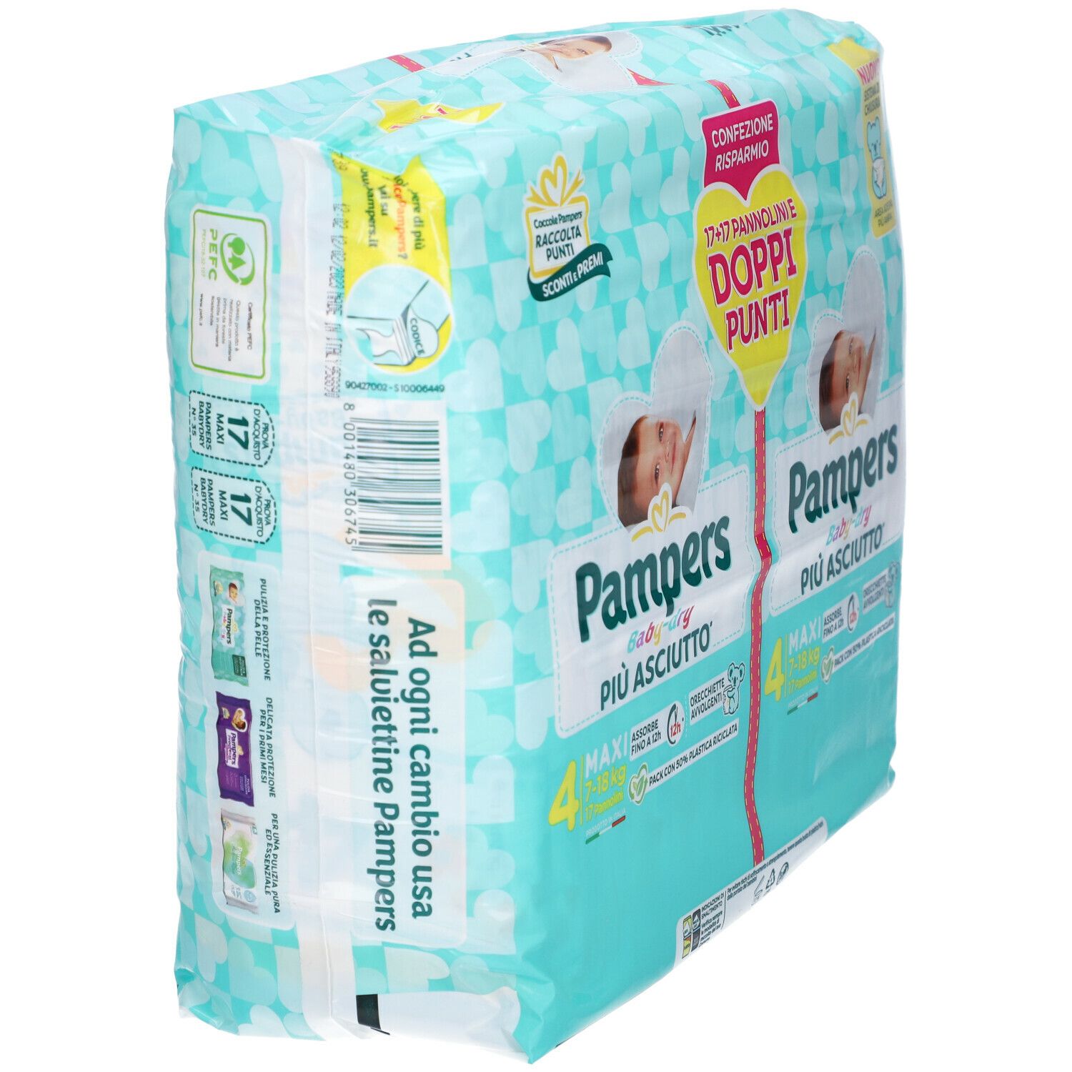 Vista laterale della confezione di pannolini Pampers Baby-Dry. Imballaggio con informazioni sul prodotto e codice a barre. Contiene 17+17 pannolini.