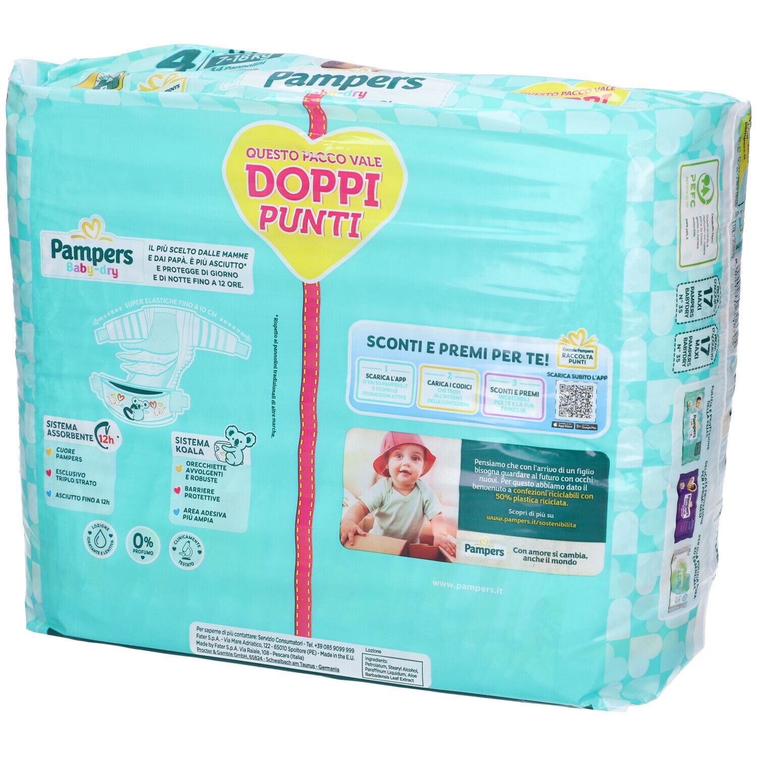 Retro della confezione di pannolini Pampers Baby-Dry. Contiene informazioni, illustrazioni e codice QR. Con illustrazione di bambino.