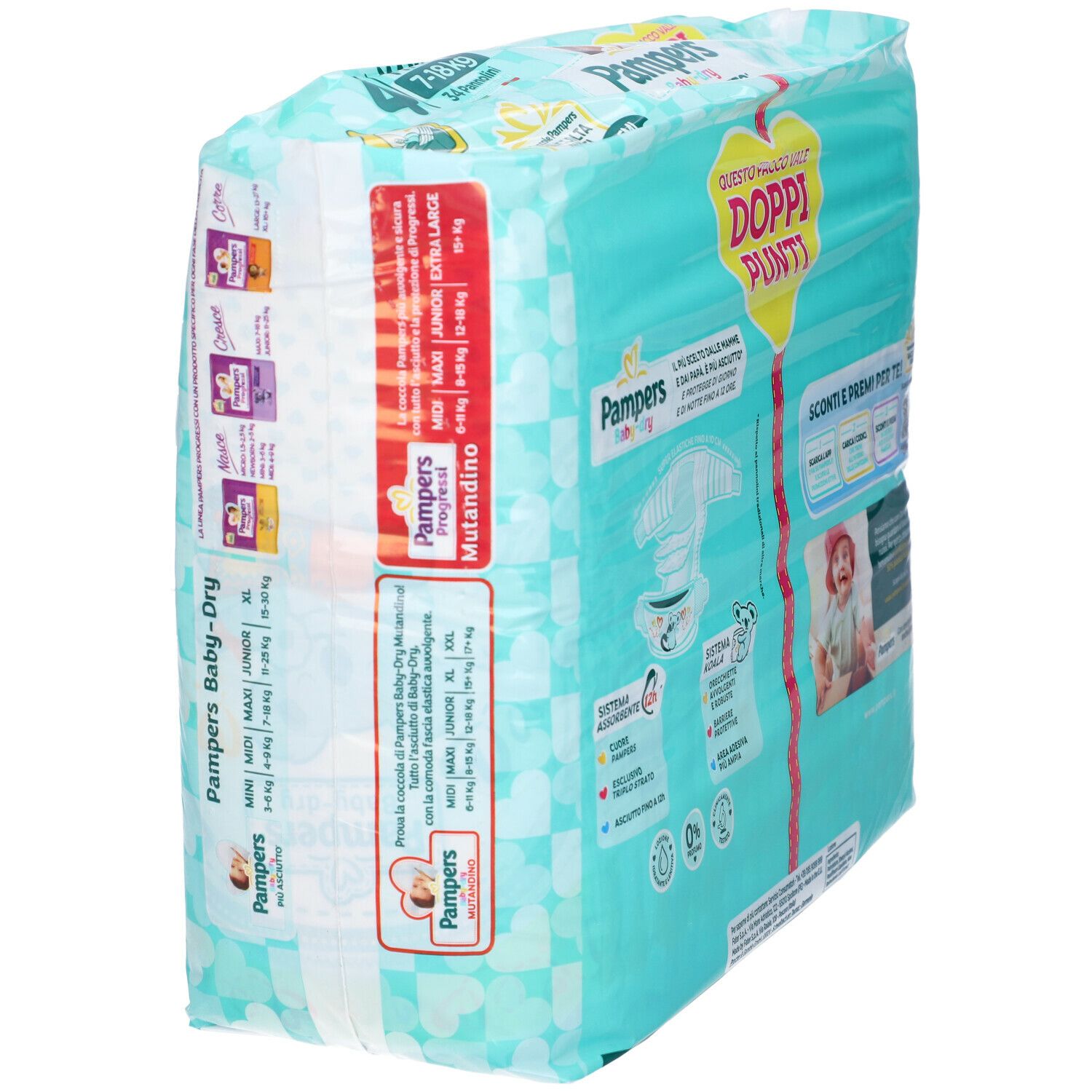 Vista laterale della confezione di pannolini Pampers Baby-Dry. Contiene informazioni sulle taglie e sul prodotto. Con illustrazione di bambino.