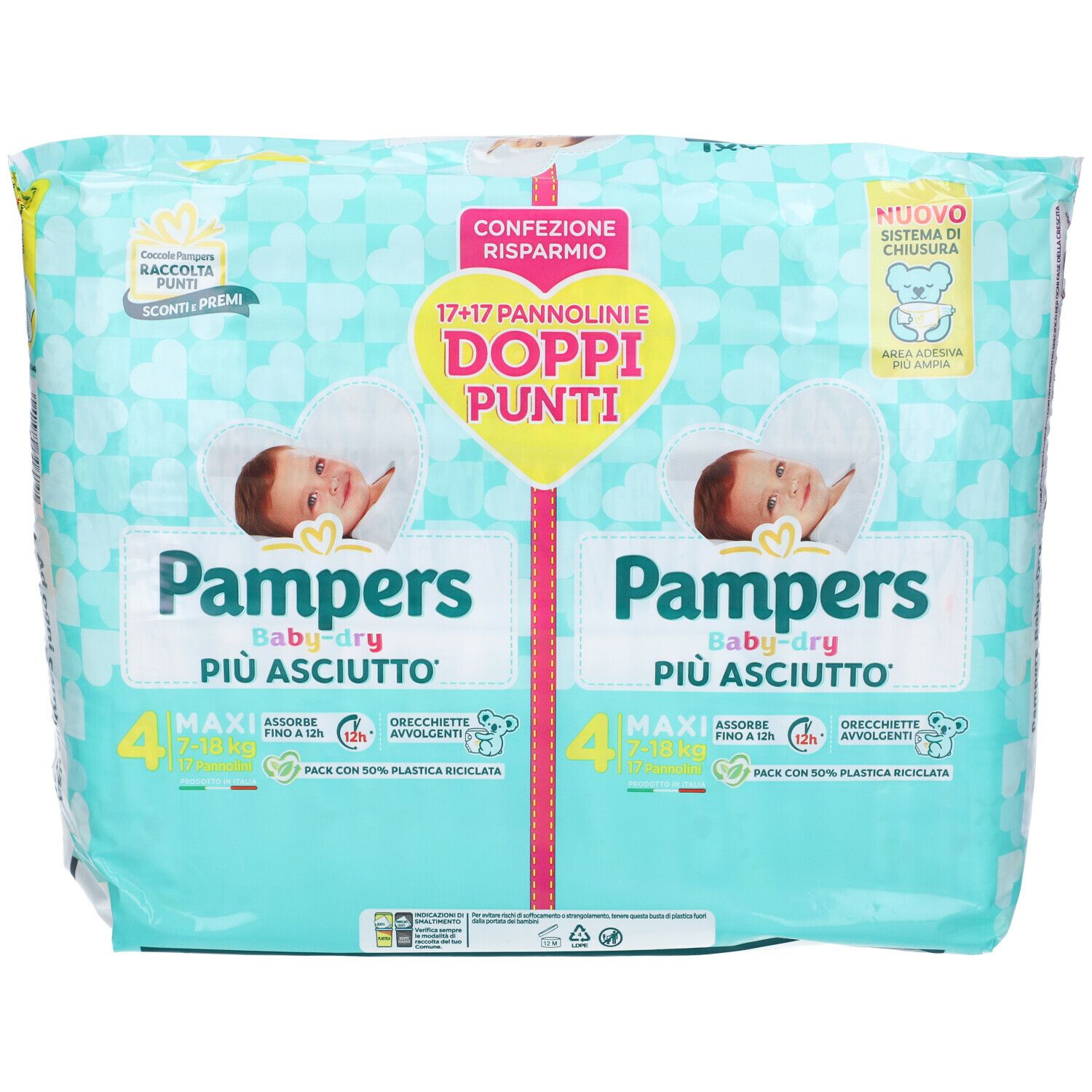 Confezione di pannolini Pampers Baby-Dry. Imballaggio con illustrazioni di bambini e informazioni sul prodotto. Contiene 4 pannolini Maxi.